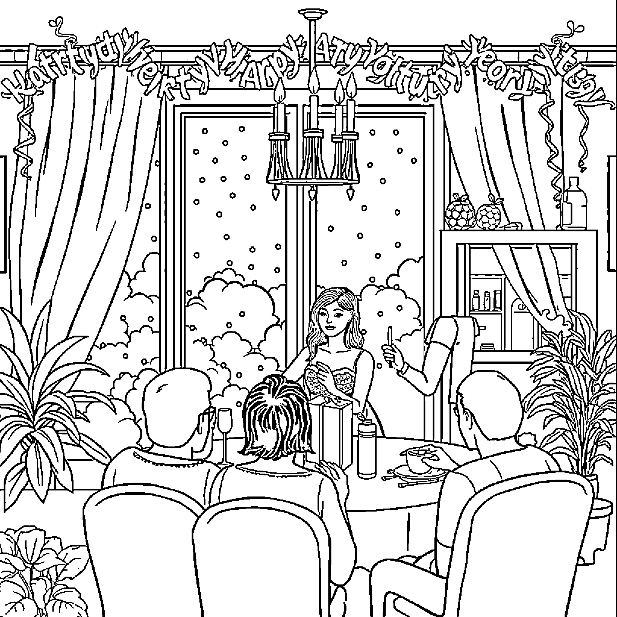 Party in a Festive Indoor Setting Coloring Page (free black-and-white line drawing printable PDF for all, from beginners to advanced learners, including children, teens, adults, and seniors)