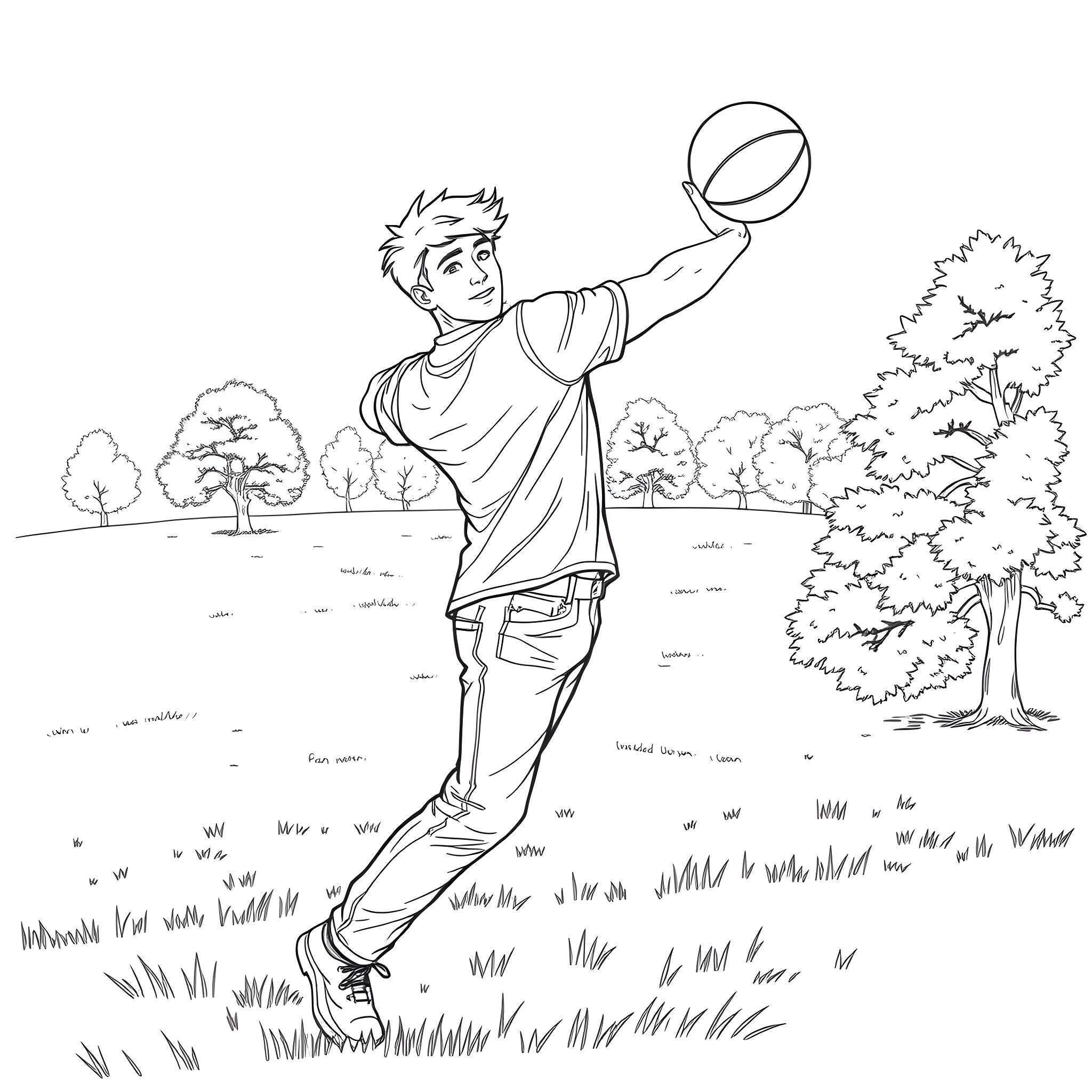 Guy playing with ball outdoors in nature Coloring Page (free black-and-white line drawing printable PDF for all, from beginners to advanced learners, including children, teens, adults, and seniors)