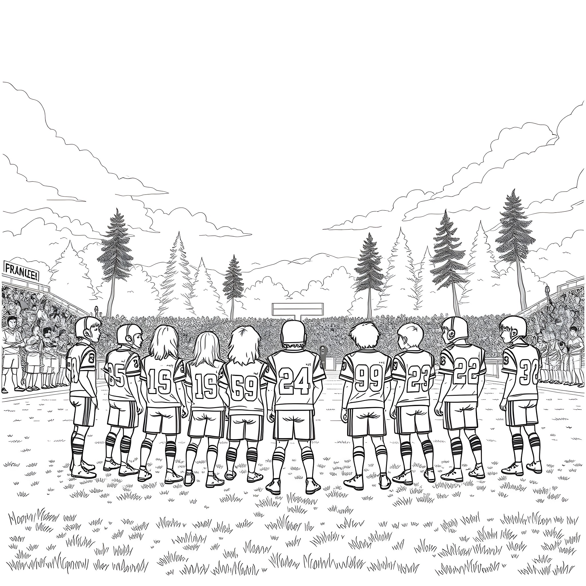 Stranger Things: Group of characters in sports uniforms on a field Coloring Page (free black-and-white line drawing printable PDF for all, from beginners to advanced learners, including children, teens, adults, and seniors)