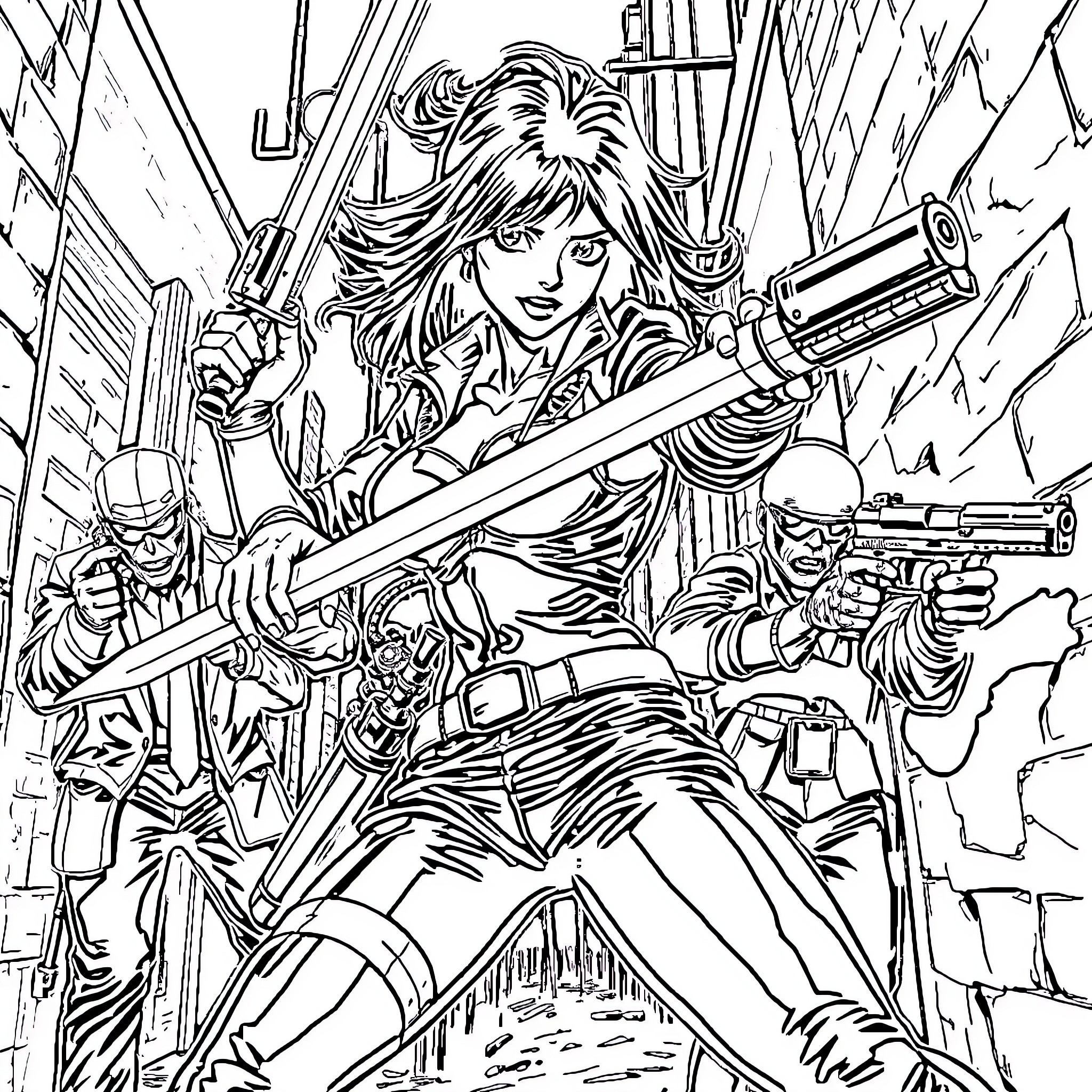 Anime Character in action-packed battle scene Coloring Page (free black-and-white line drawing printable PDF for all, from beginners to advanced learners, including children, teens, adults, and seniors)