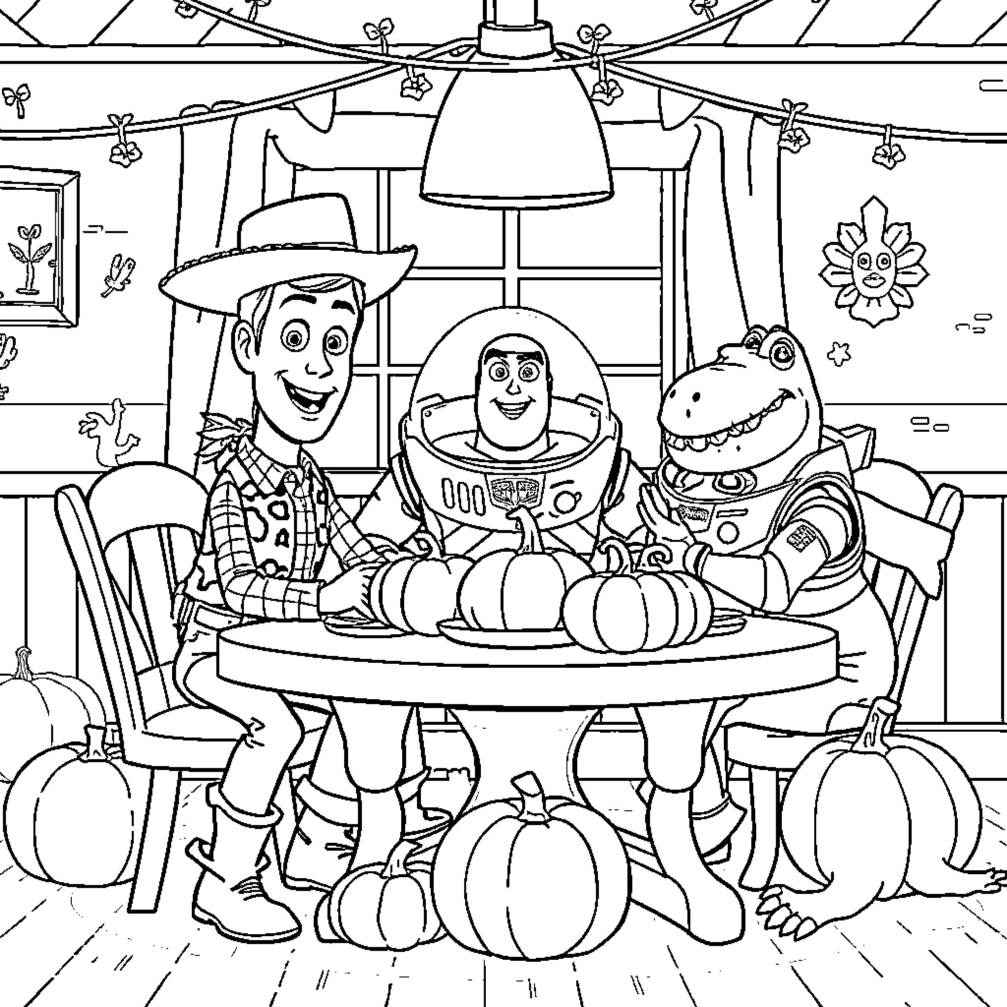 Toy Story Characters Enjoying a Festive Gathering Coloring Page (free black-and-white line drawing printable PDF for all, from beginners to advanced learners, including children, teens, adults, and seniors)