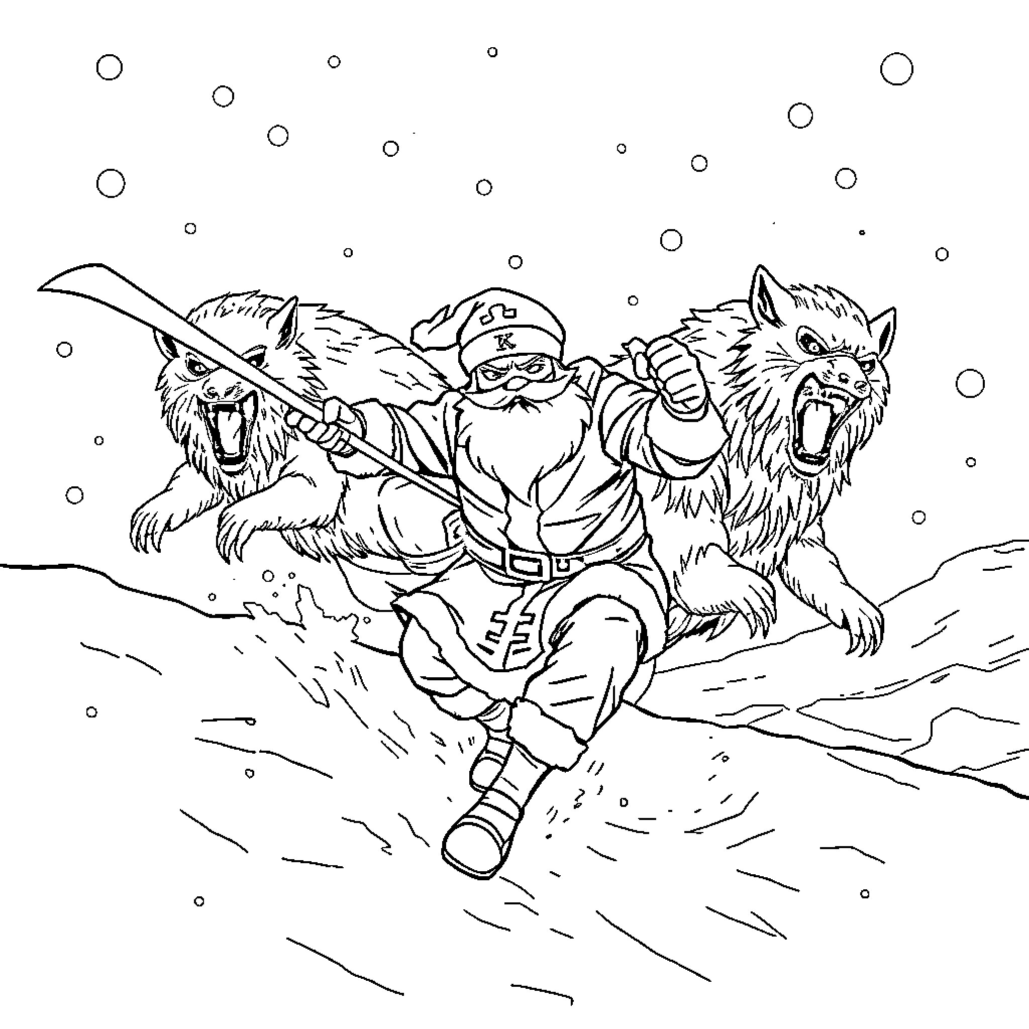 Ninja battles ferocious wolves in snowy landscape Coloring Page (free black-and-white line drawing printable PDF for all, from beginners to advanced learners, including children, teens, adults, and seniors)