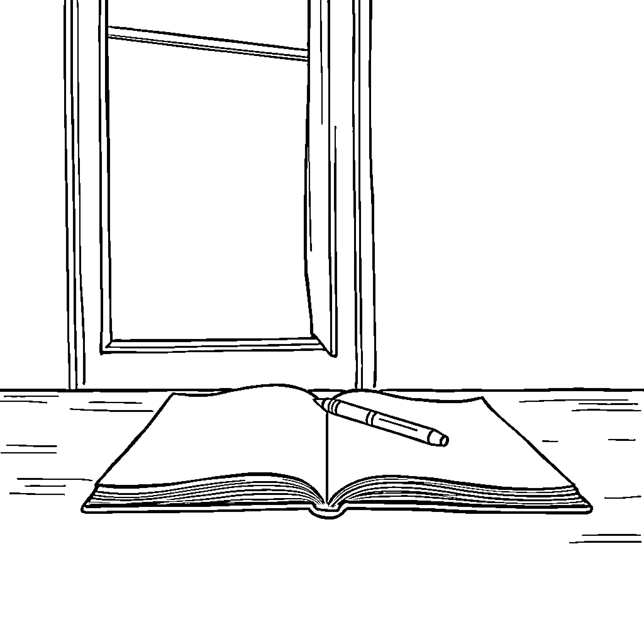 Desk with open book and pen Coloring Page (free black-and-white line drawing printable PDF for all, from beginners to advanced learners, including children, teens, adults, and seniors)