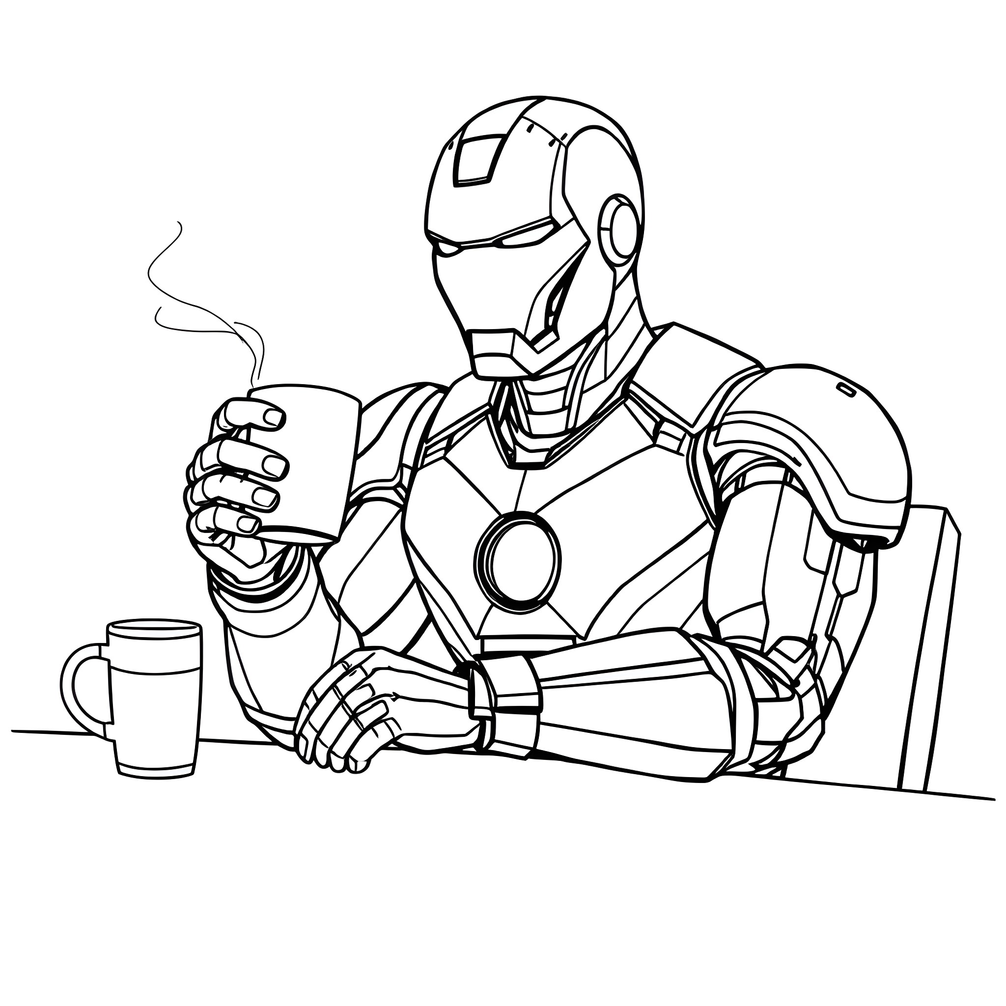 Ironman Relaxing with a Cup of Coffee Coloring Page (free black-and-white line drawing printable PDF for all, from beginners to advanced learners, including children, teens, adults, and seniors)