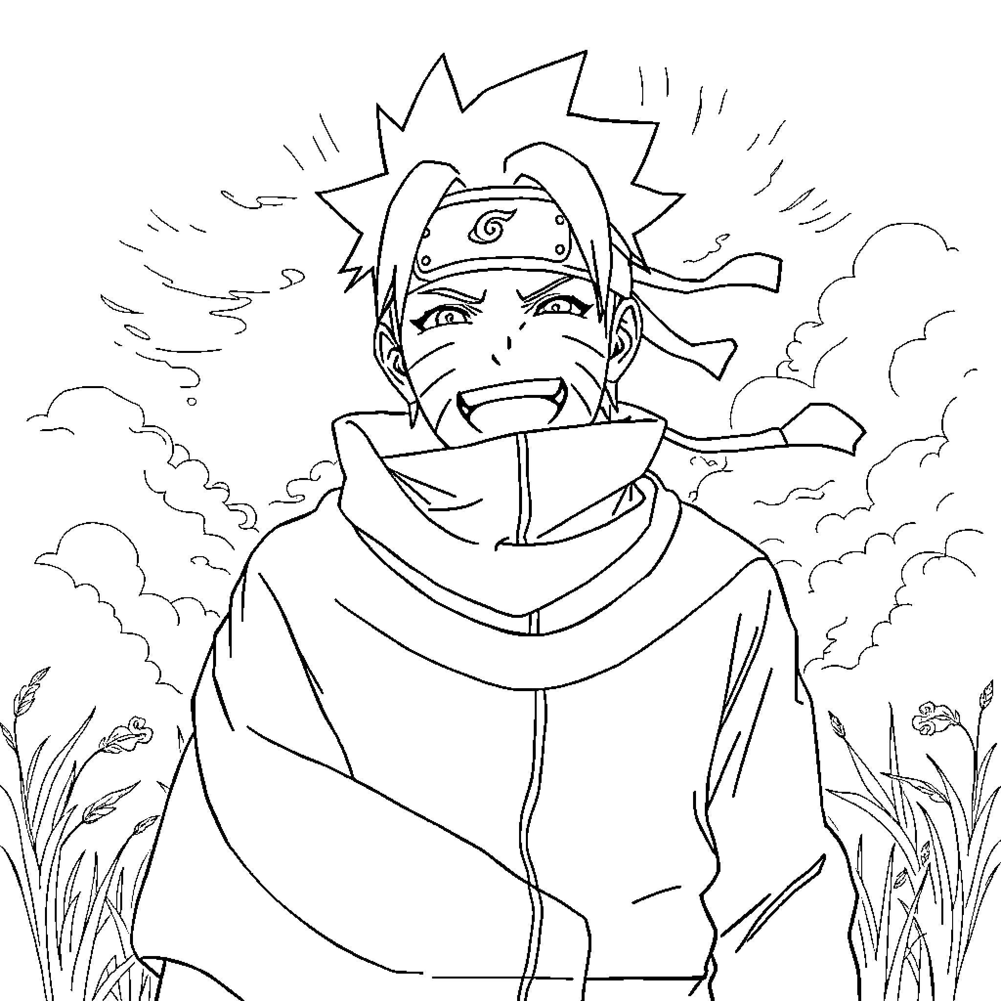 Naruto Excited in the Ninja Wilderness Coloring Page (free black-and-white line drawing printable PDF for all, from beginners to advanced learners, including children, teens, adults, and seniors)