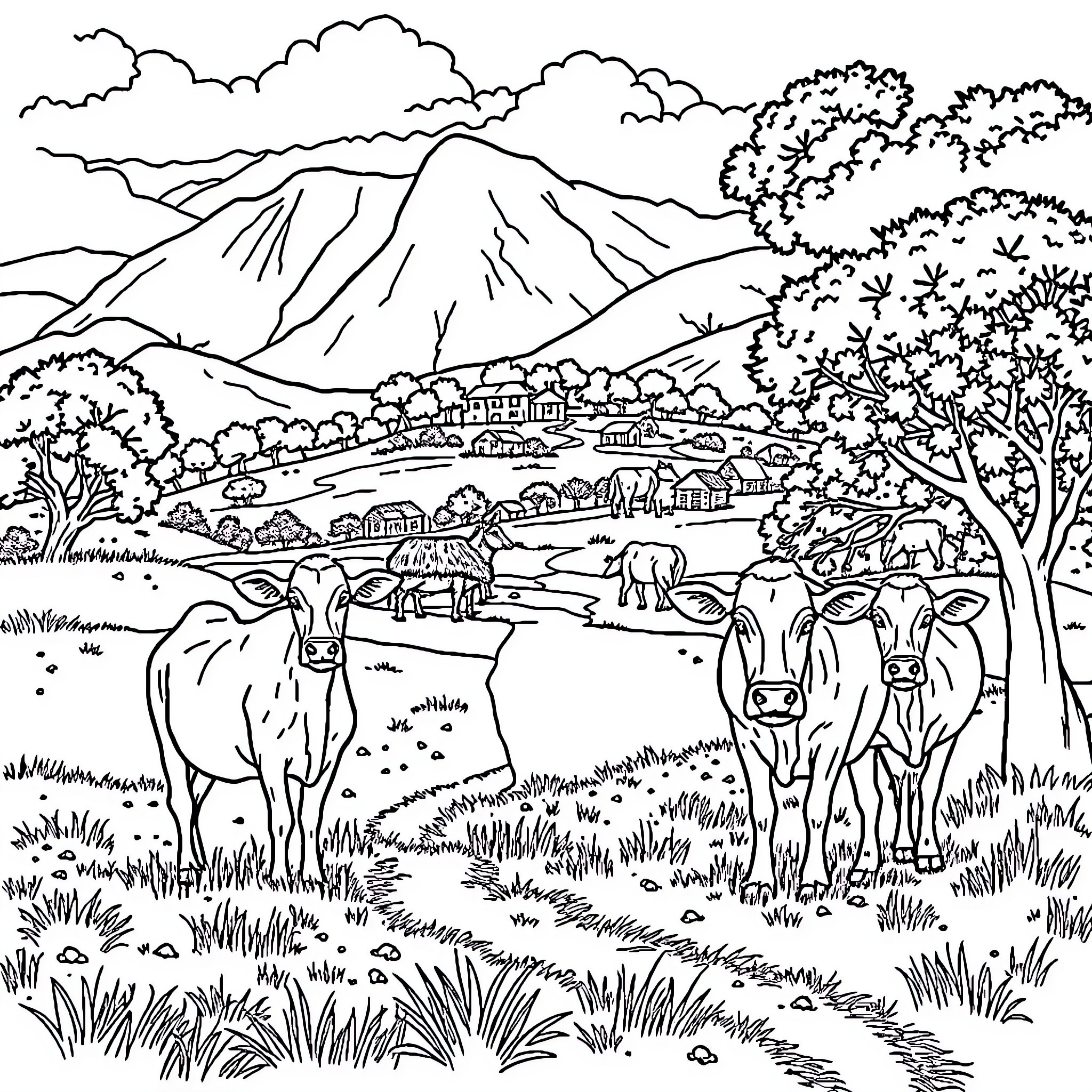 Village Landscape with Grazing Cows and Mountain Scenery Coloring Page (free black-and-white line drawing printable PDF for all, from beginners to advanced learners, including children, teens, adults, and seniors)
