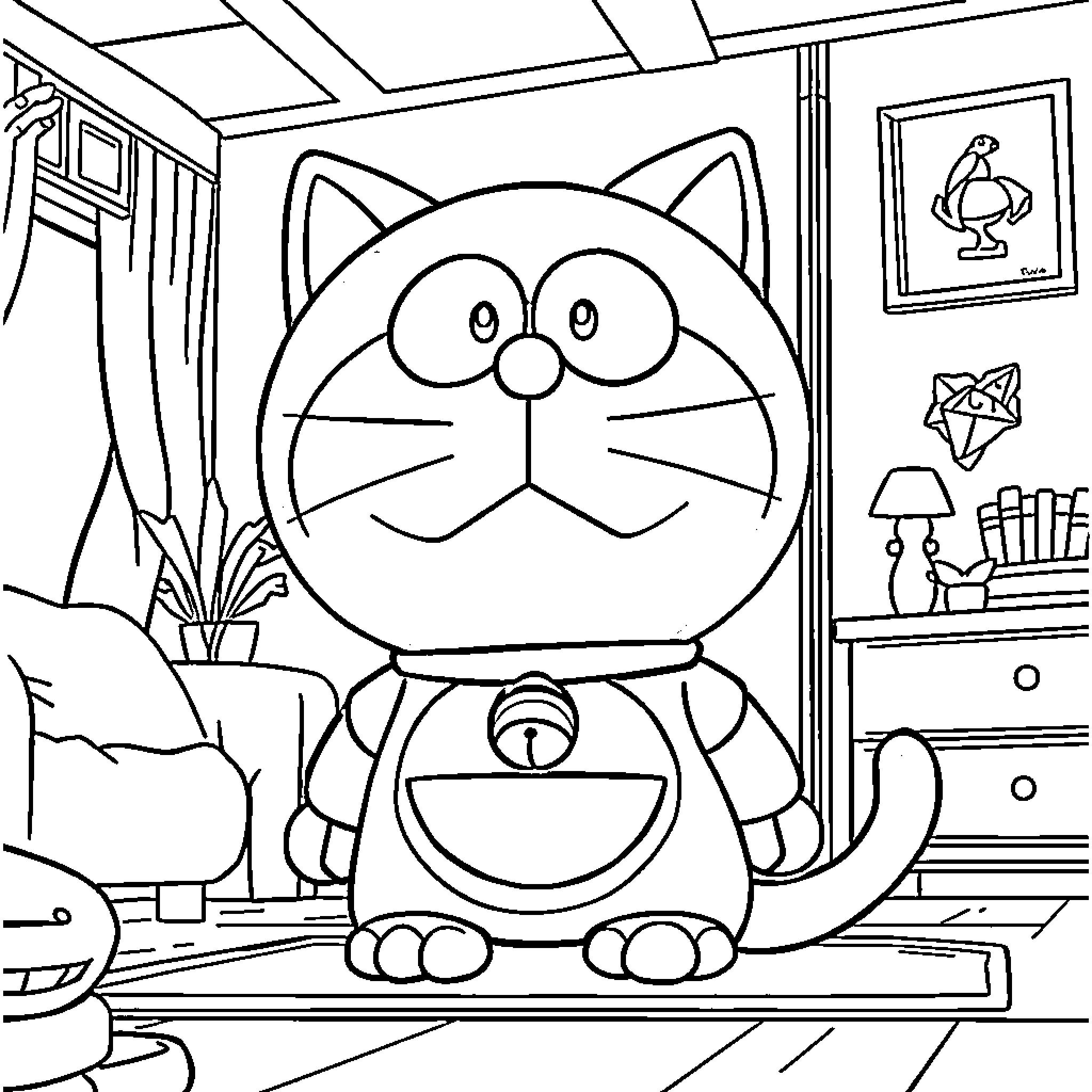 Doraemon enjoying a cozy room Coloring Page (free black-and-white line drawing printable PDF for all, from beginners to advanced learners, including children, teens, adults, and seniors)