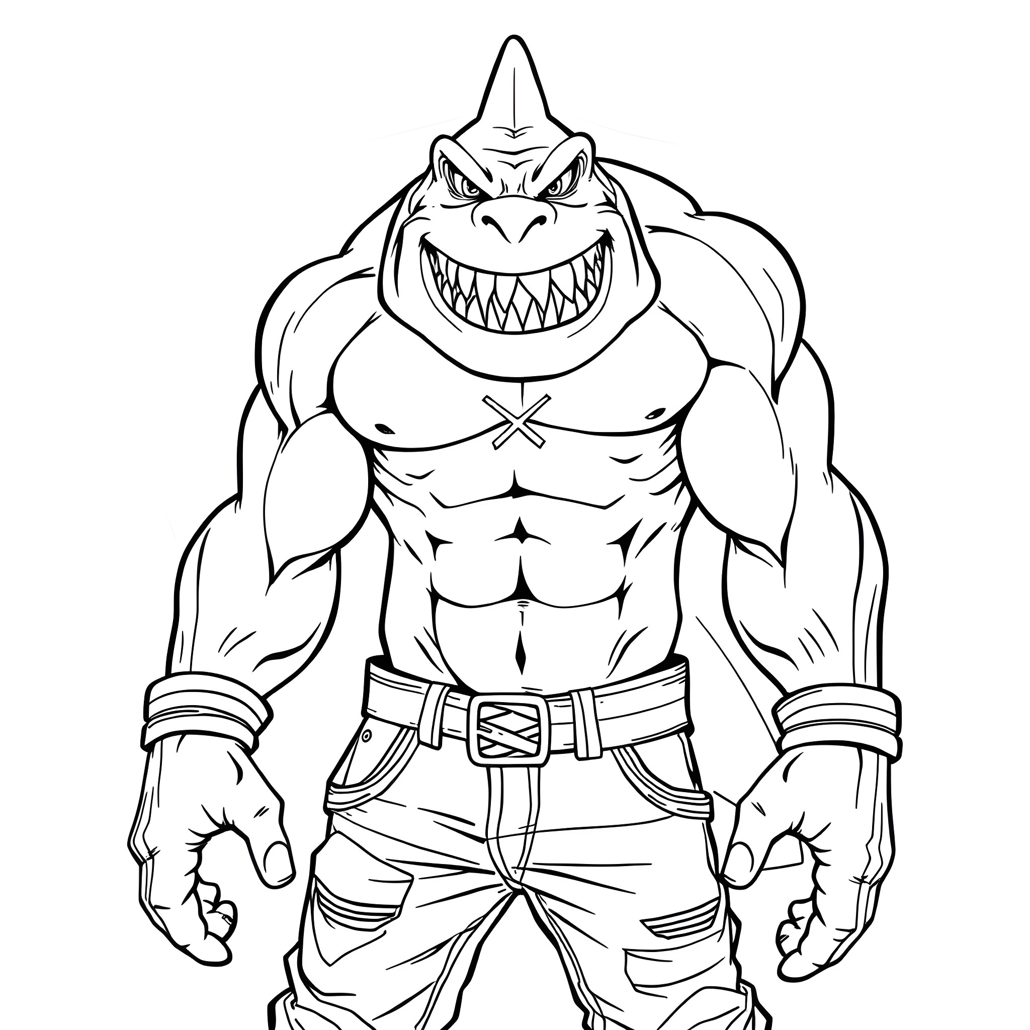 Shark-themed muscular character in aggressive stance Coloring Page (free black-and-white line drawing printable PDF for all, from beginners to advanced learners, including children, teens, adults, and seniors)