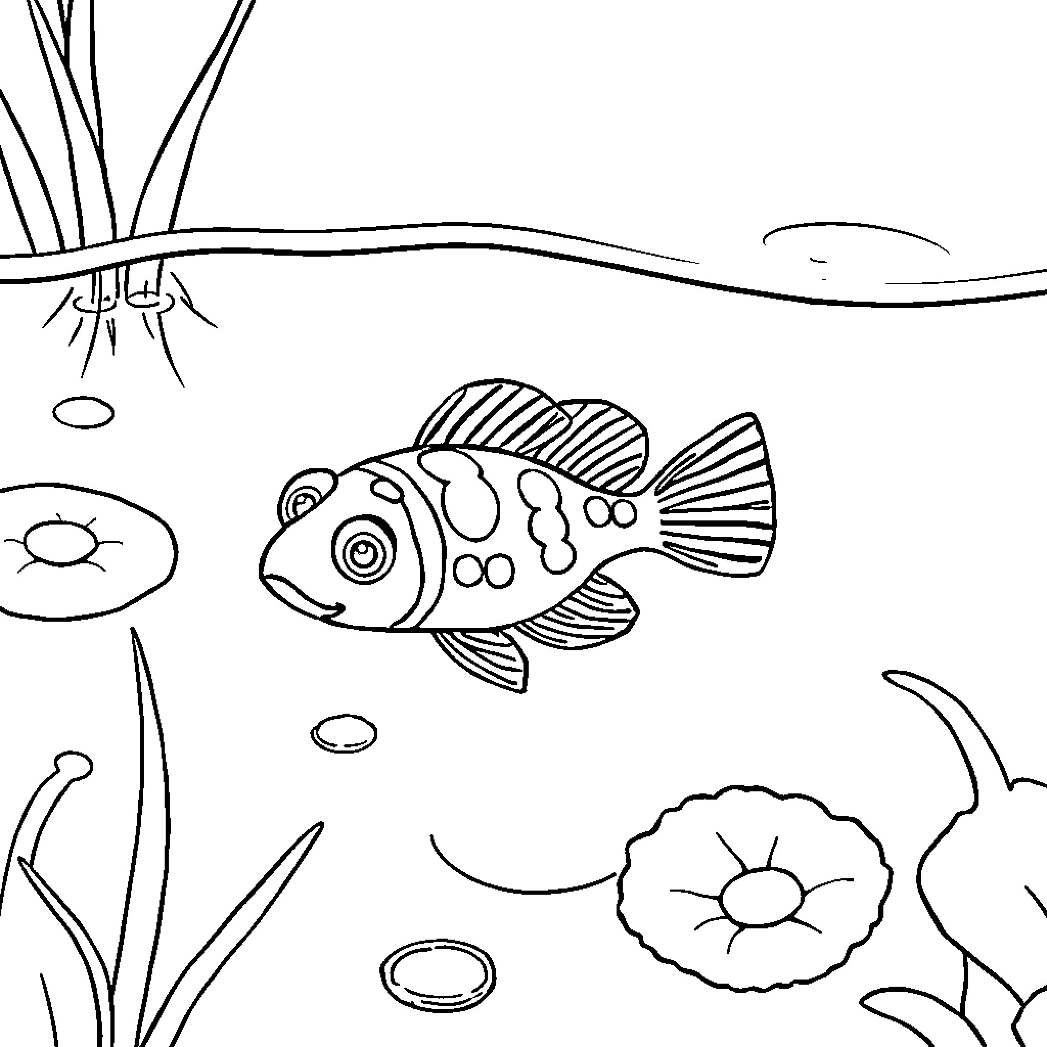 Protist underwater scene with plant life and fish Coloring Page (free black-and-white line drawing printable PDF for all, from beginners to advanced learners, including children, teens, adults, and seniors)