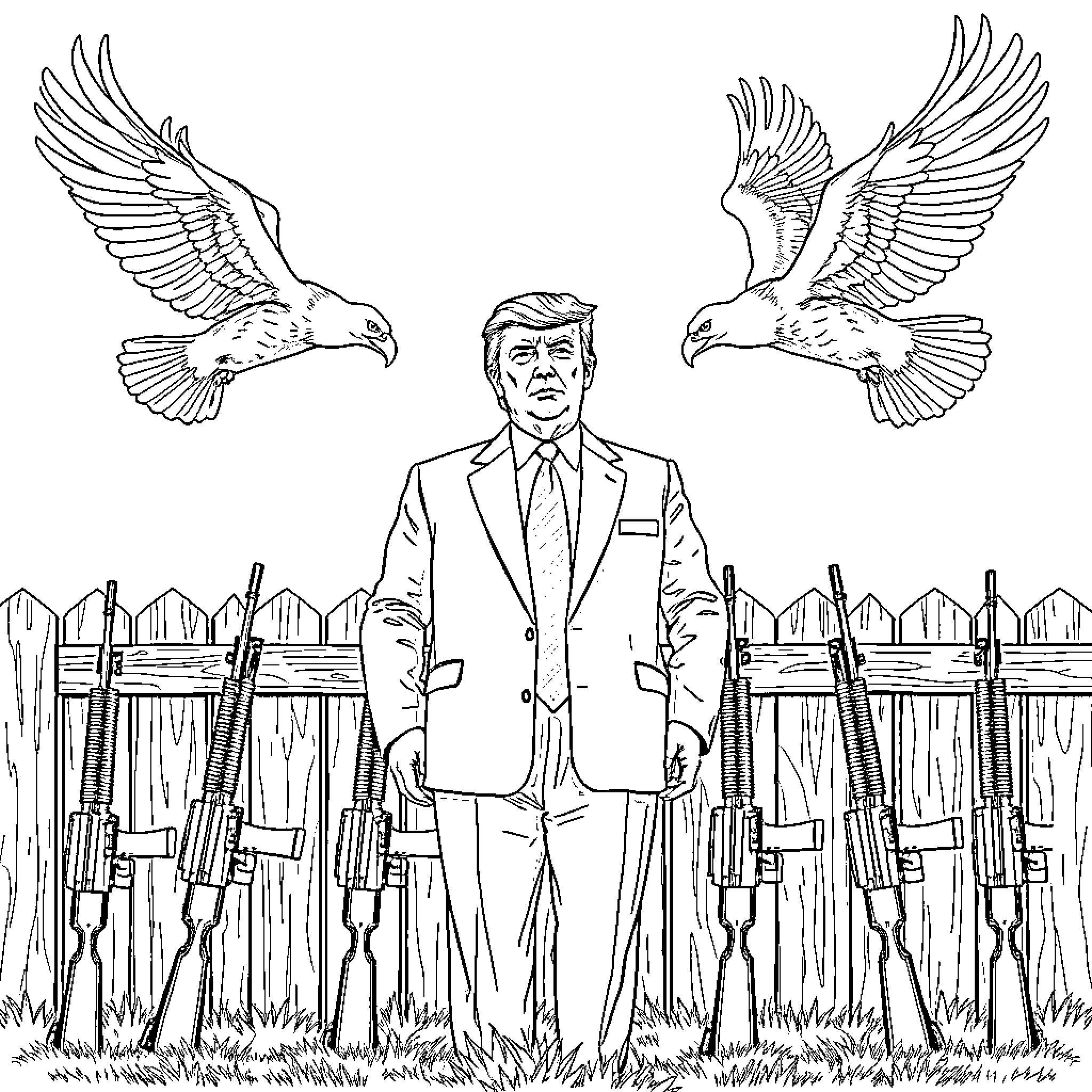 Donald Trump Amid Symbols of Power and Conflict Coloring Page (free black-and-white line drawing printable PDF for all, from beginners to advanced learners, including children, teens, adults, and seniors)