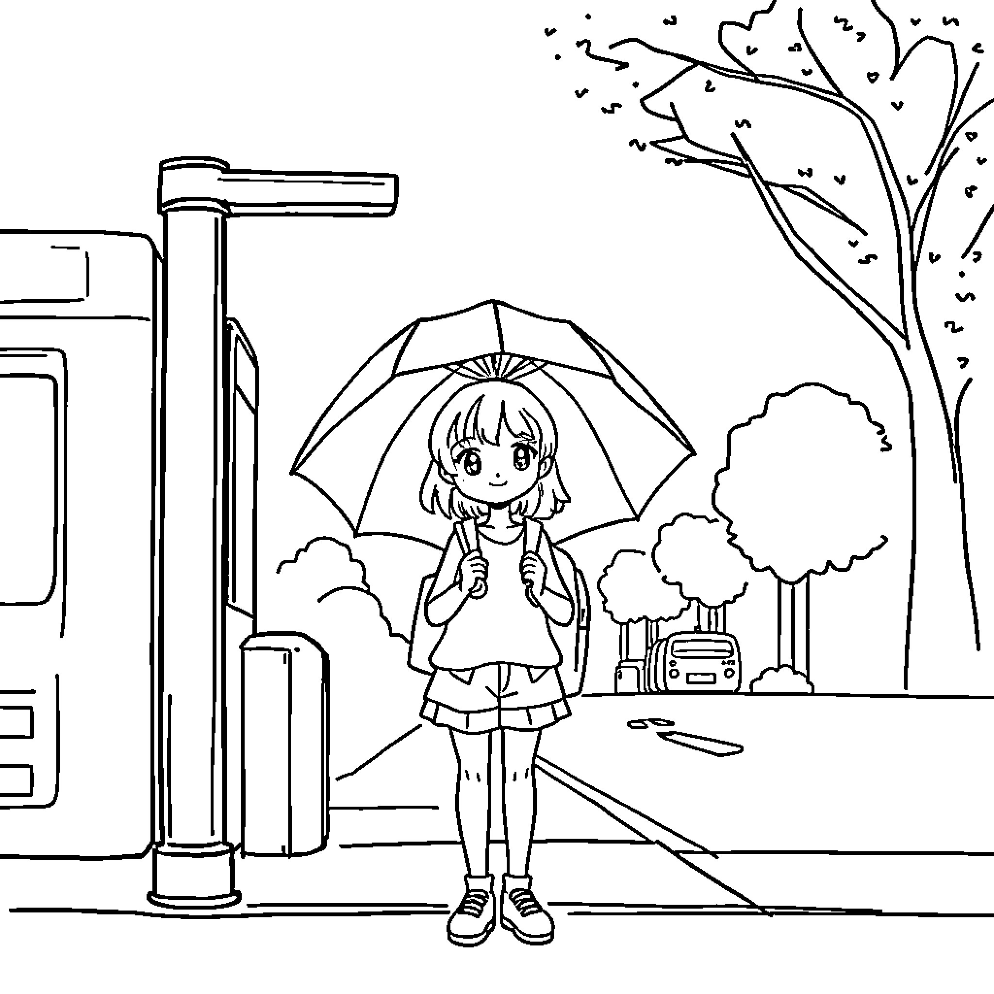 Girl walking with umbrella on rainy day Coloring Page (free black-and-white line drawing printable PDF for all, from beginners to advanced learners, including children, teens, adults, and seniors)
