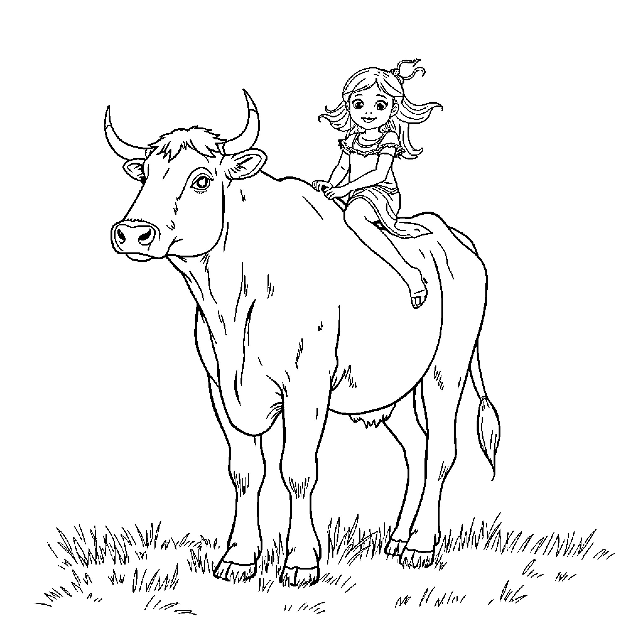 Highland Cow with a girl riding on its back Coloring Page (free black-and-white line drawing printable PDF for all, from beginners to advanced learners, including children, teens, adults, and seniors)