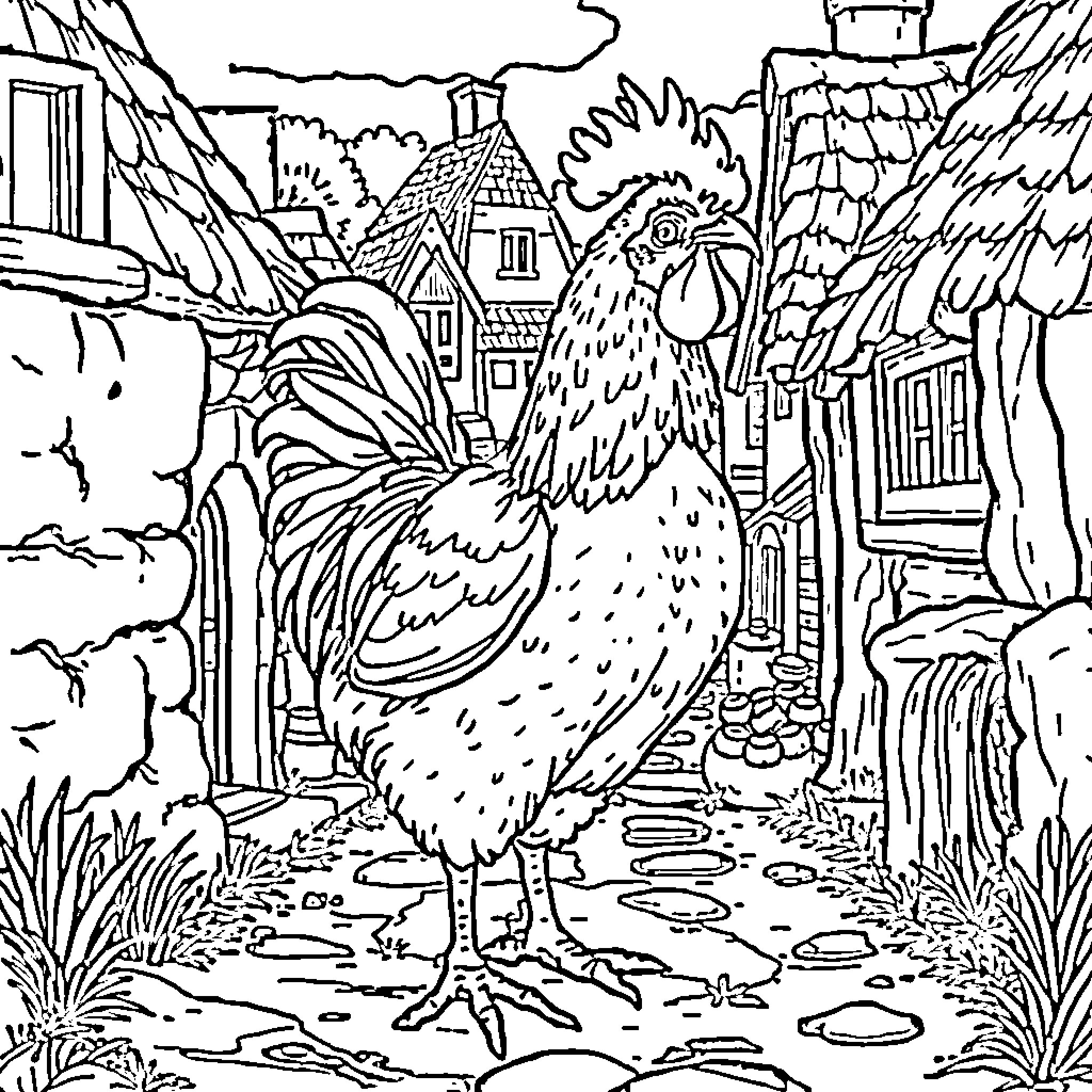 Chicken strutting through a quaint village Coloring Page (free black-and-white line drawing printable PDF for all, from beginners to advanced learners, including children, teens, adults, and seniors)