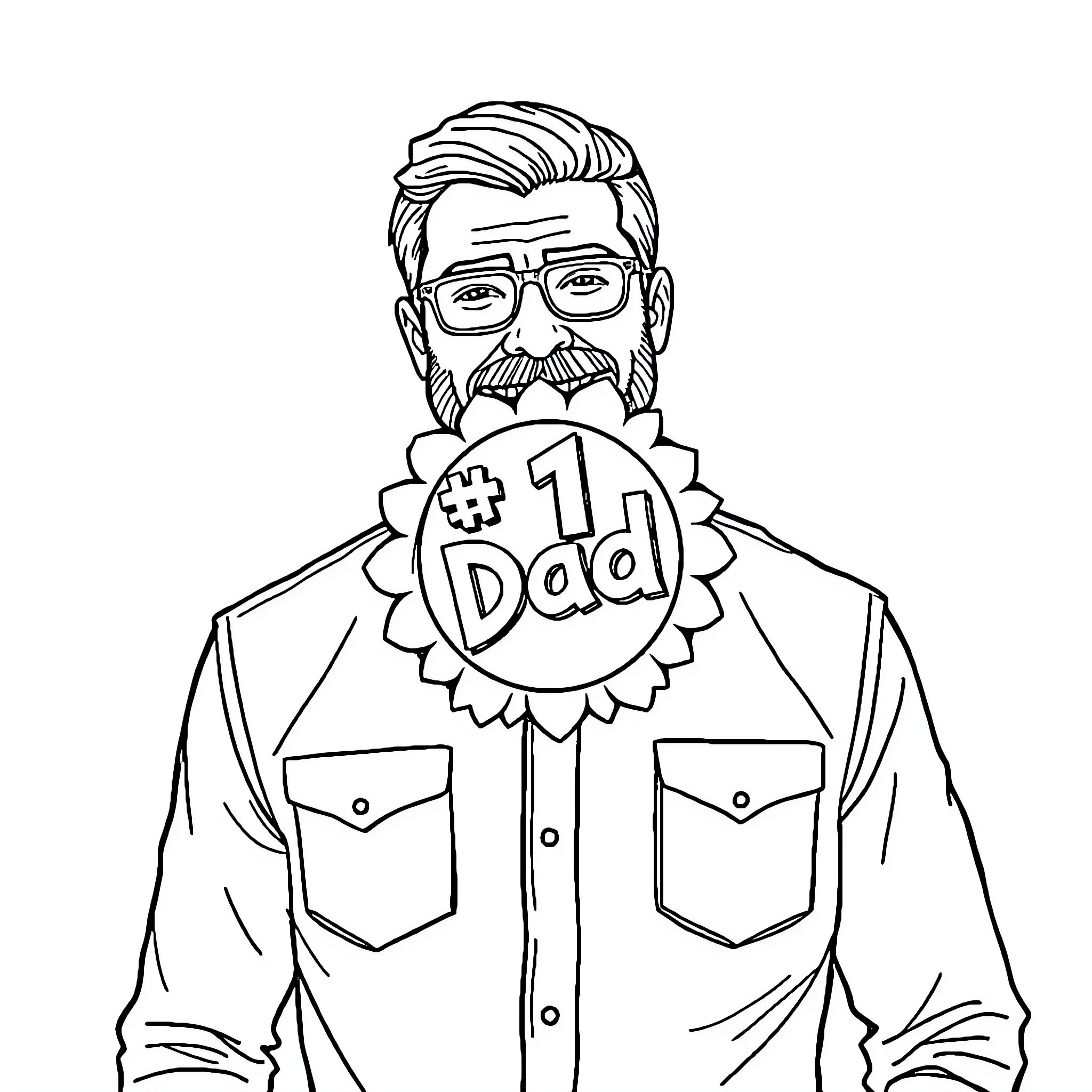 Dad Proudly Wearing #1 Dad Badge Coloring Page (free black-and-white line drawing printable PDF for all, from beginners to advanced learners, including children, teens, adults, and seniors)