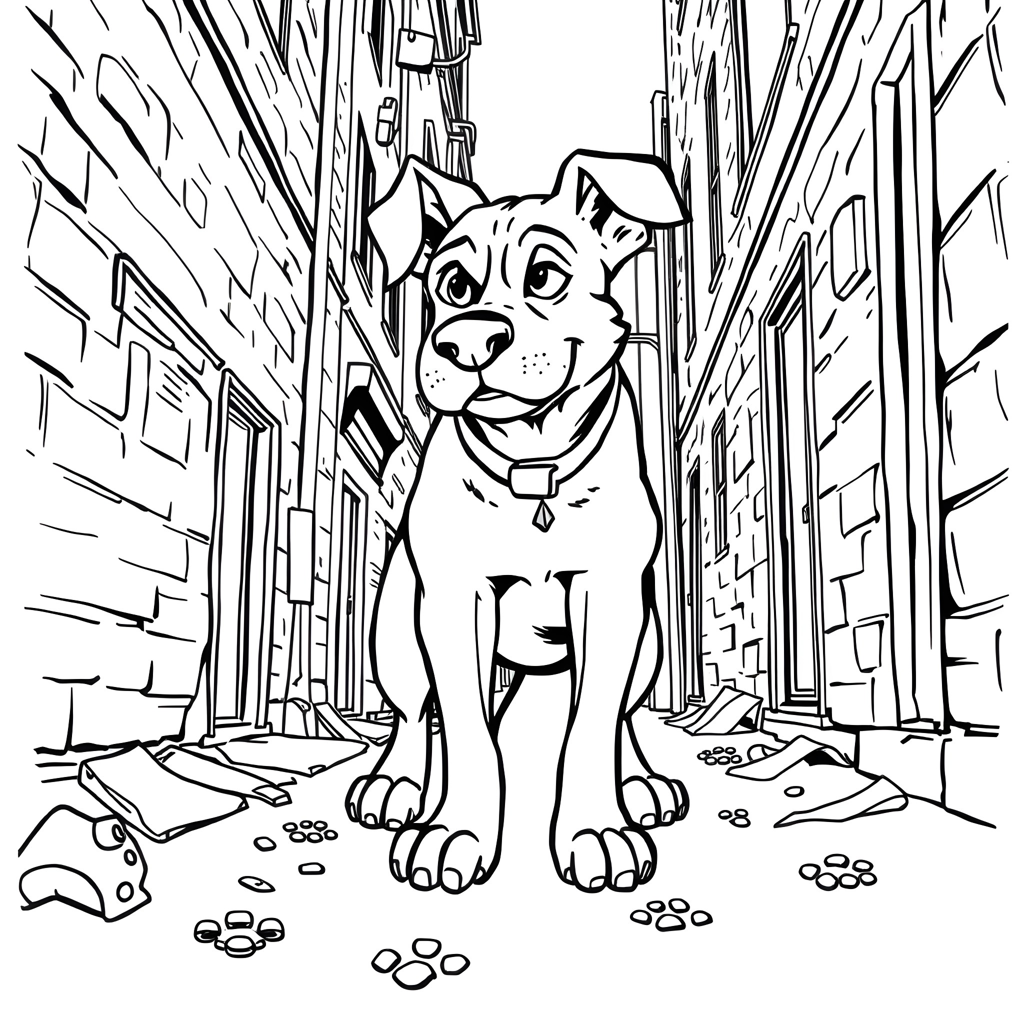 Dogman exploring the city streets Coloring Page (free black-and-white line drawing printable PDF for all, from beginners to advanced learners, including children, teens, adults, and seniors)