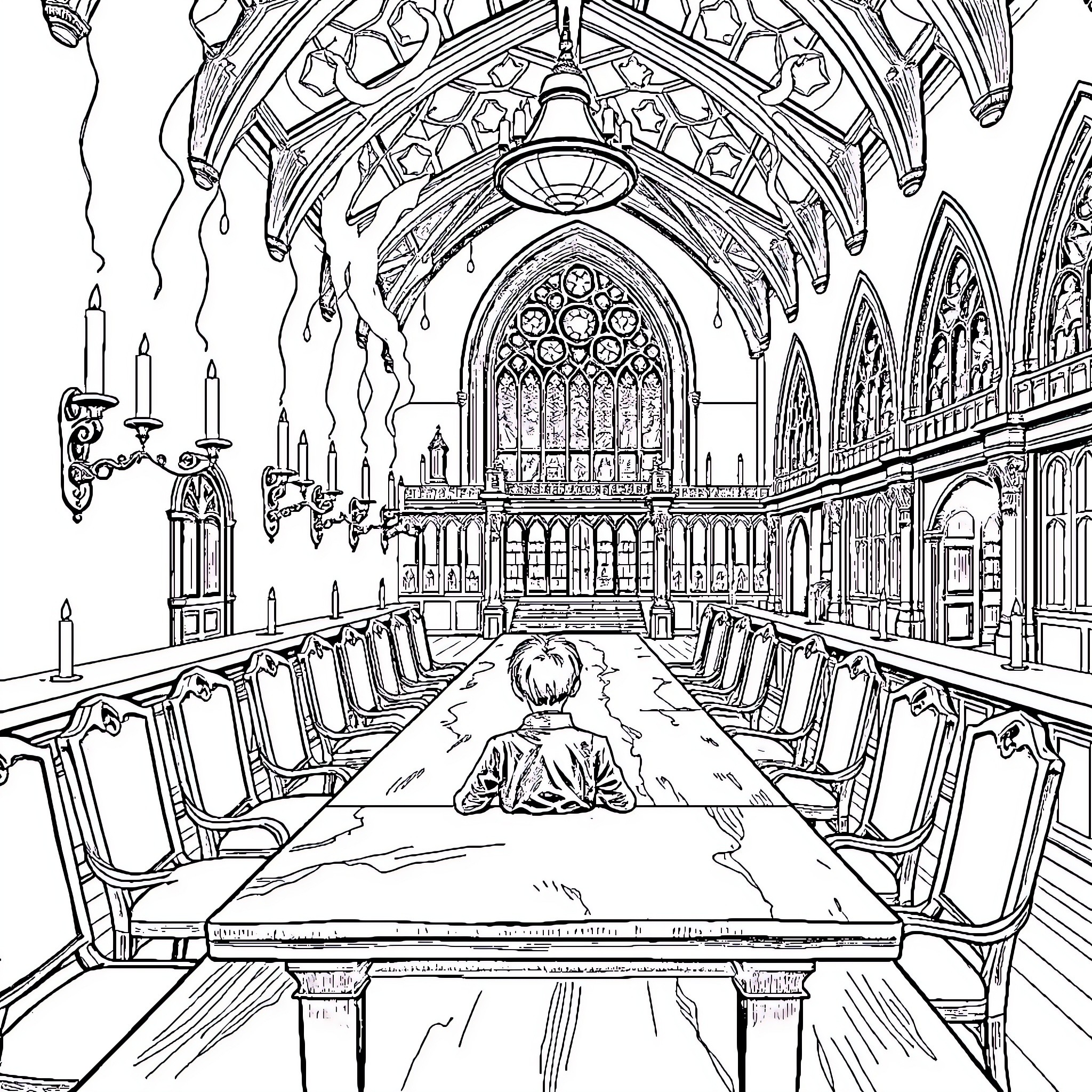 Tom Riddle in a grand cathedral-like setting Coloring Page (free black-and-white line drawing printable PDF for all, from beginners to advanced learners, including children, teens, adults, and seniors)