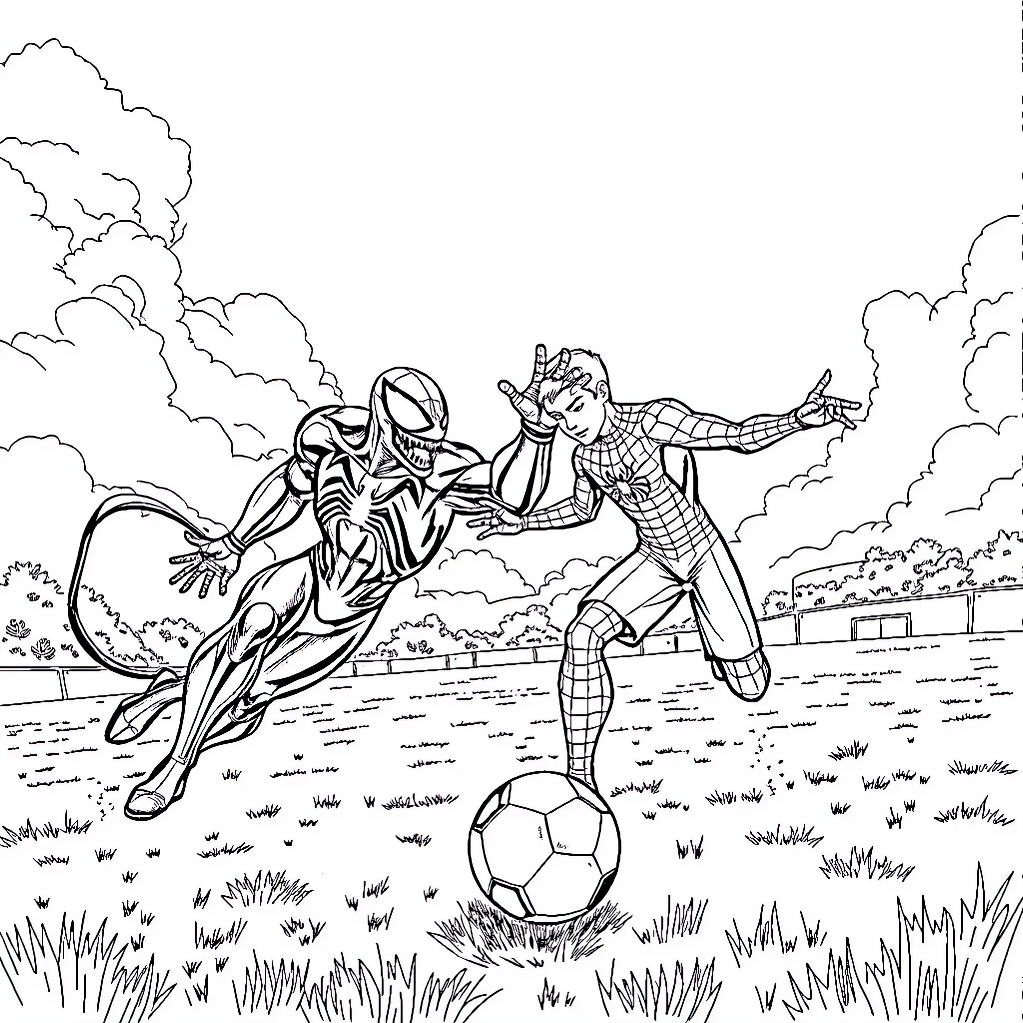 Venom Confronts Spider-Man in Intense Outdoor Showdown Coloring Page (free black-and-white line drawing printable PDF for all, from beginners to advanced learners, including children, teens, adults, and seniors)