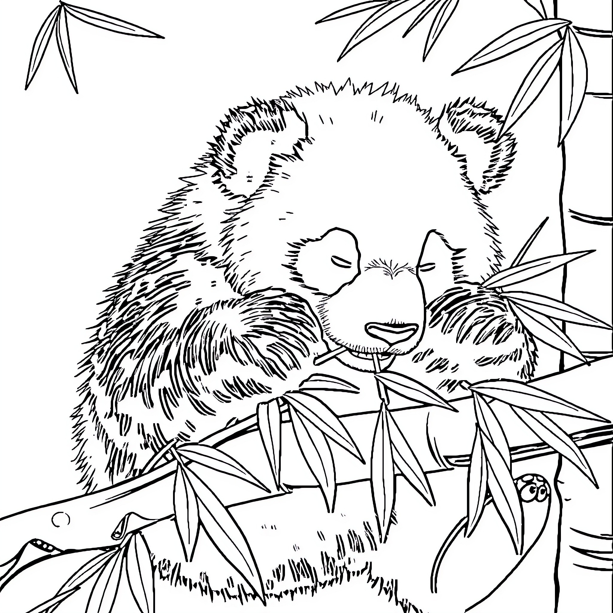 Panda resting peacefully in bamboo forest Coloring Page (free black-and-white line drawing printable PDF for all, from beginners to advanced learners, including children, teens, adults, and seniors)