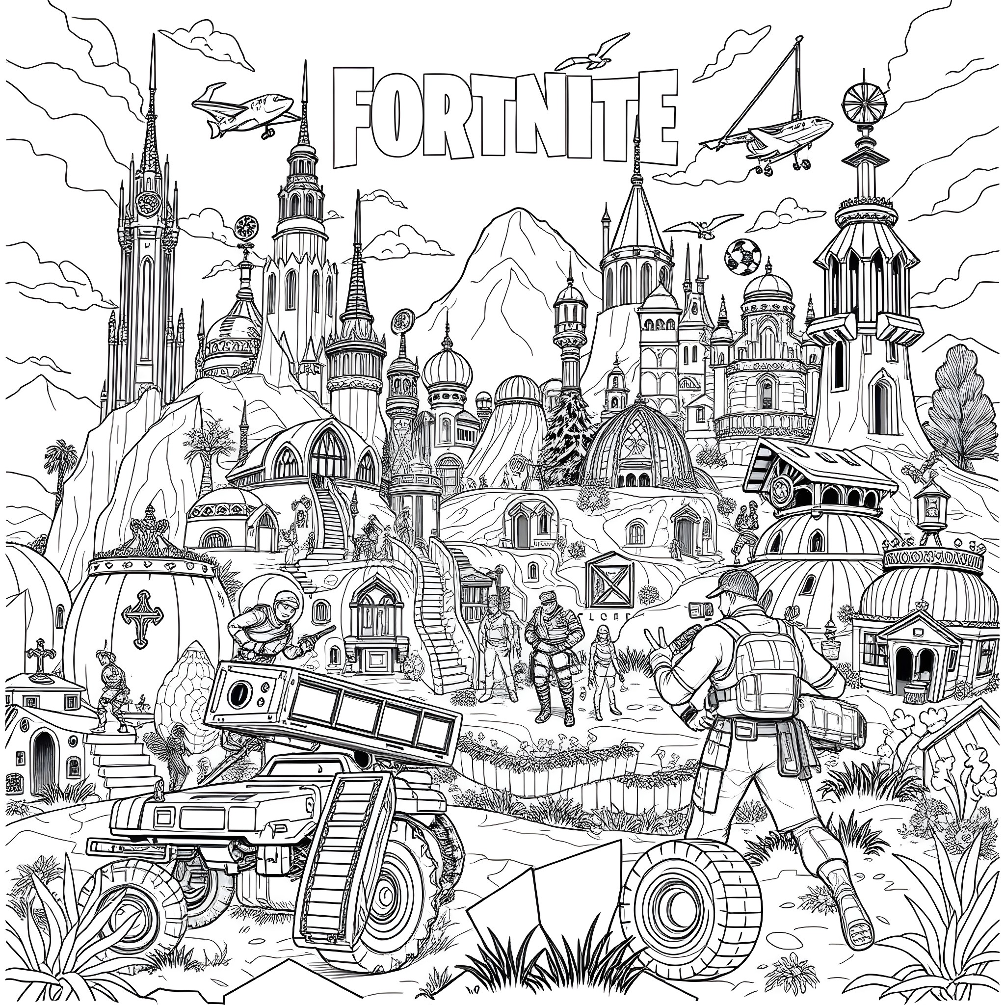 Fortnite: Detailed Fantastical Landscape with Characters and Vehicles Coloring Page (free black-and-white line drawing printable PDF for all, from beginners to advanced learners, including children, teens, adults, and seniors)