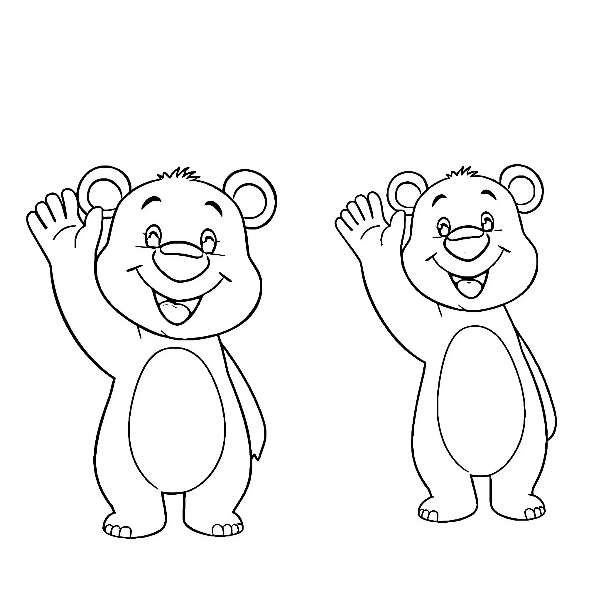 Bears waving and smiling happily Coloring Page (free black-and-white line drawing printable PDF for all, from beginners to advanced learners, including children, teens, adults, and seniors)