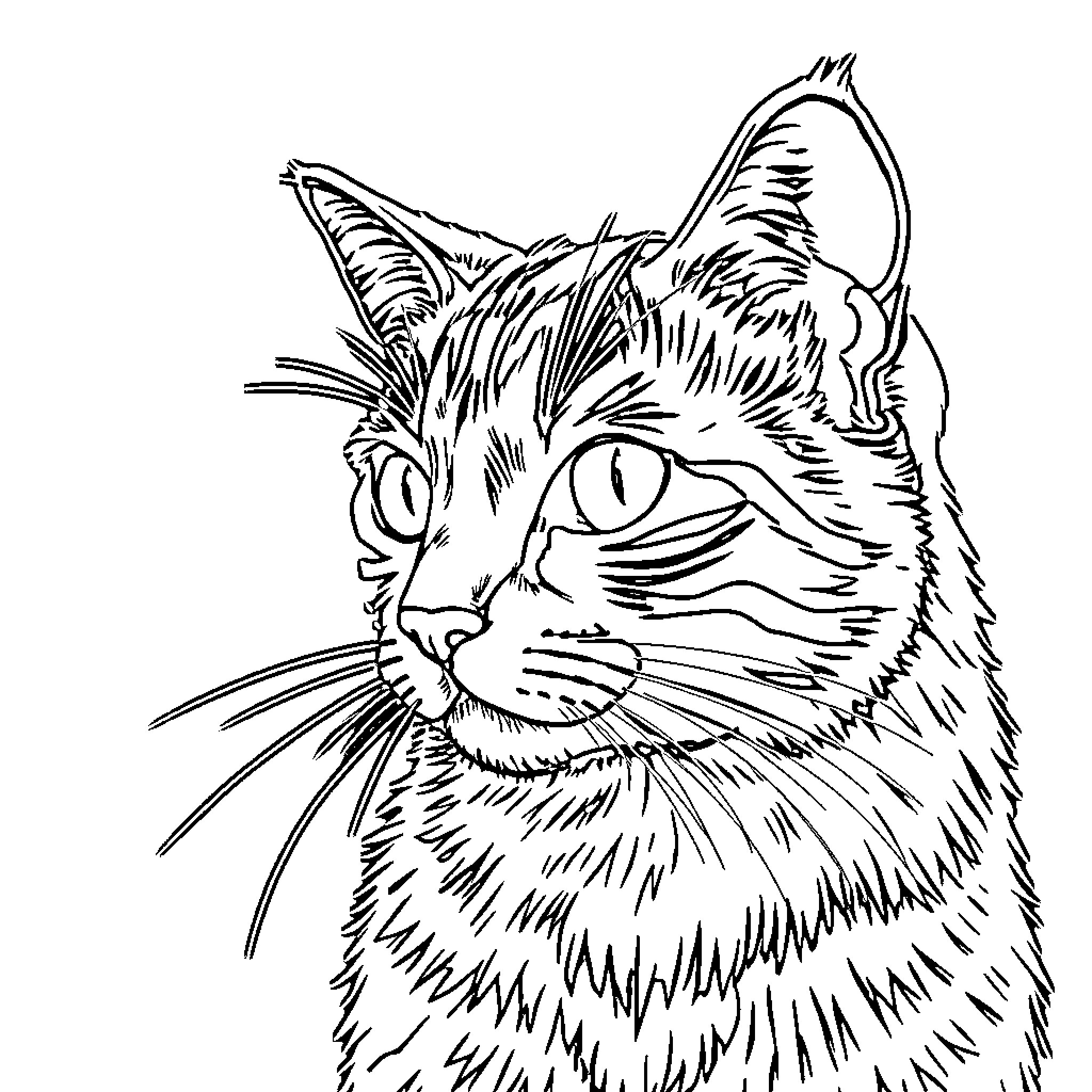 Cat Eye Gazing Intently Coloring Page (free black-and-white line drawing printable PDF for all, from beginners to advanced learners, including children, teens, adults, and seniors)