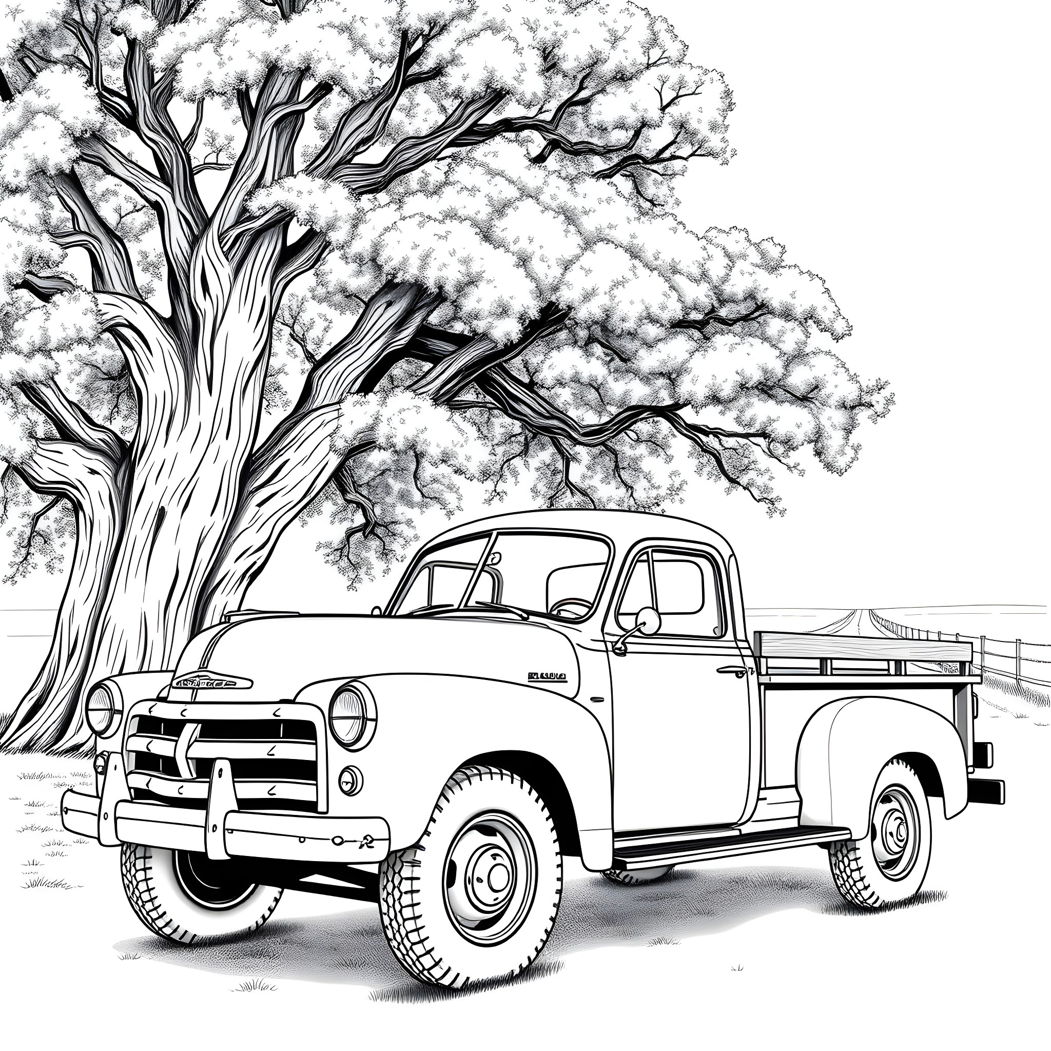 Truck parked under a snowy tree in winter landscape Coloring Page (free black-and-white line drawing printable PDF for all, from beginners to advanced learners, including children, teens, adults, and seniors)
