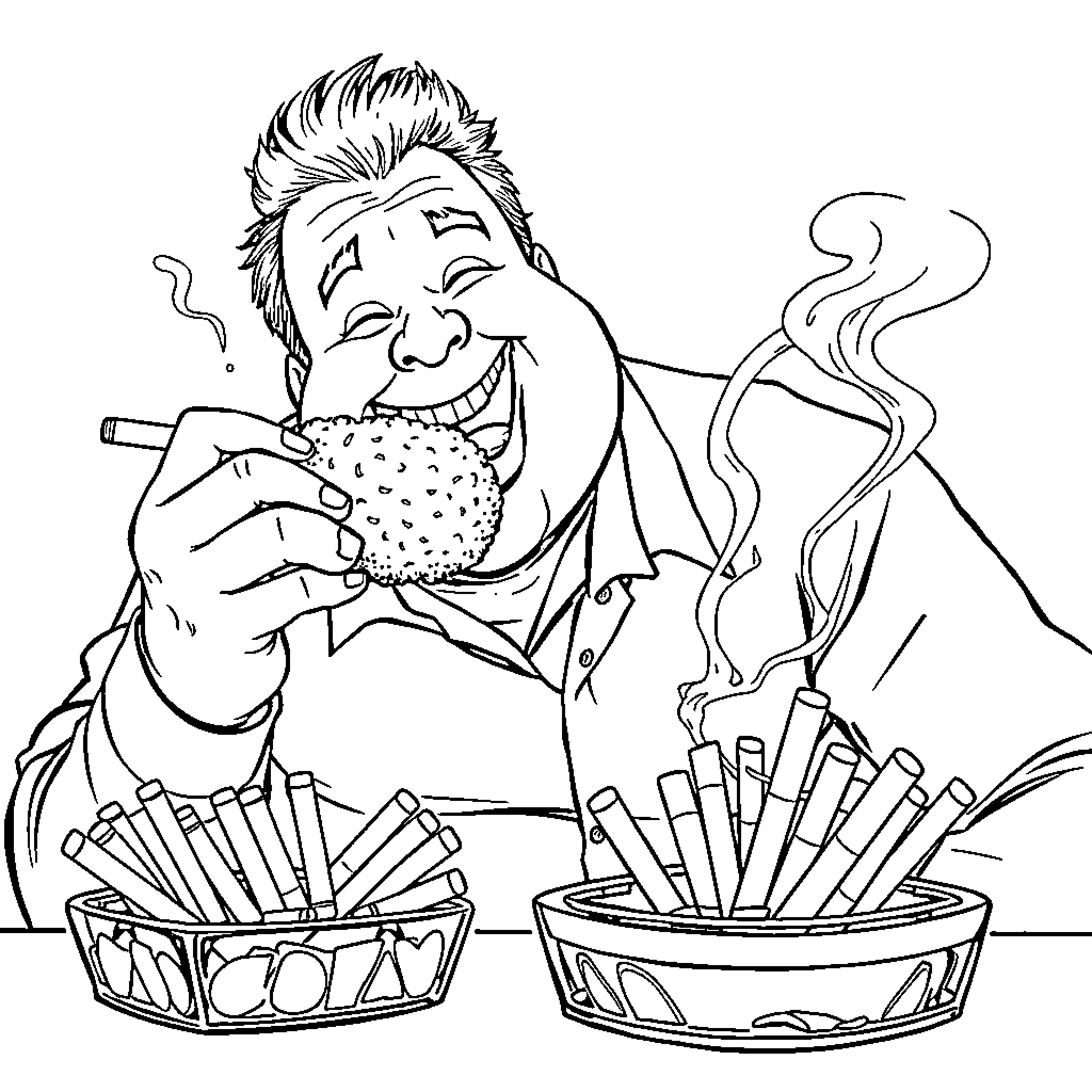 Man enjoying a snack and smoking in the evening Coloring Page (free black-and-white line drawing printable PDF for all, from beginners to advanced learners, including children, teens, adults, and seniors)
