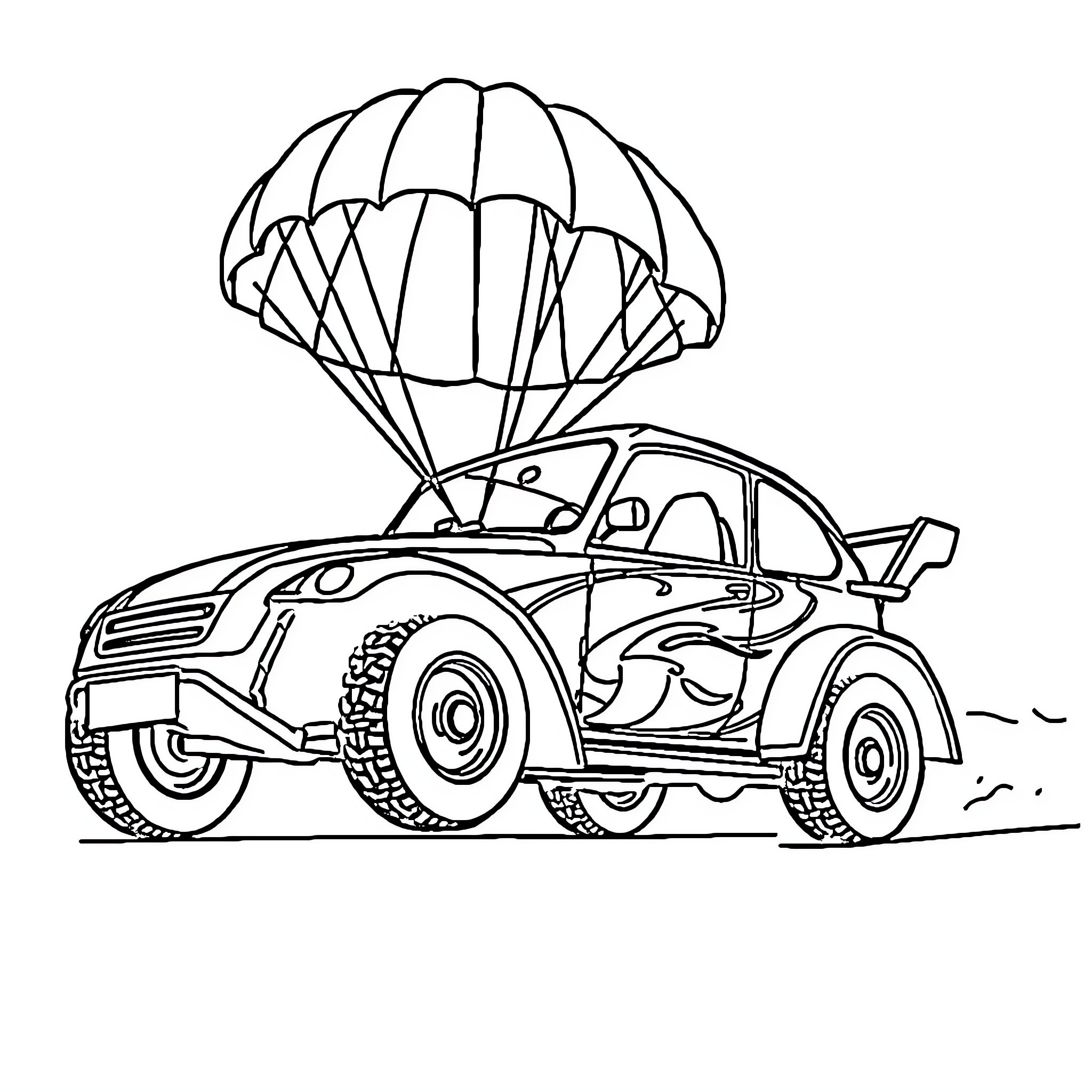 Car jumping with parachute in mid-air Coloring Page (free black-and-white line drawing printable PDF for all, from beginners to advanced learners, including children, teens, adults, and seniors)