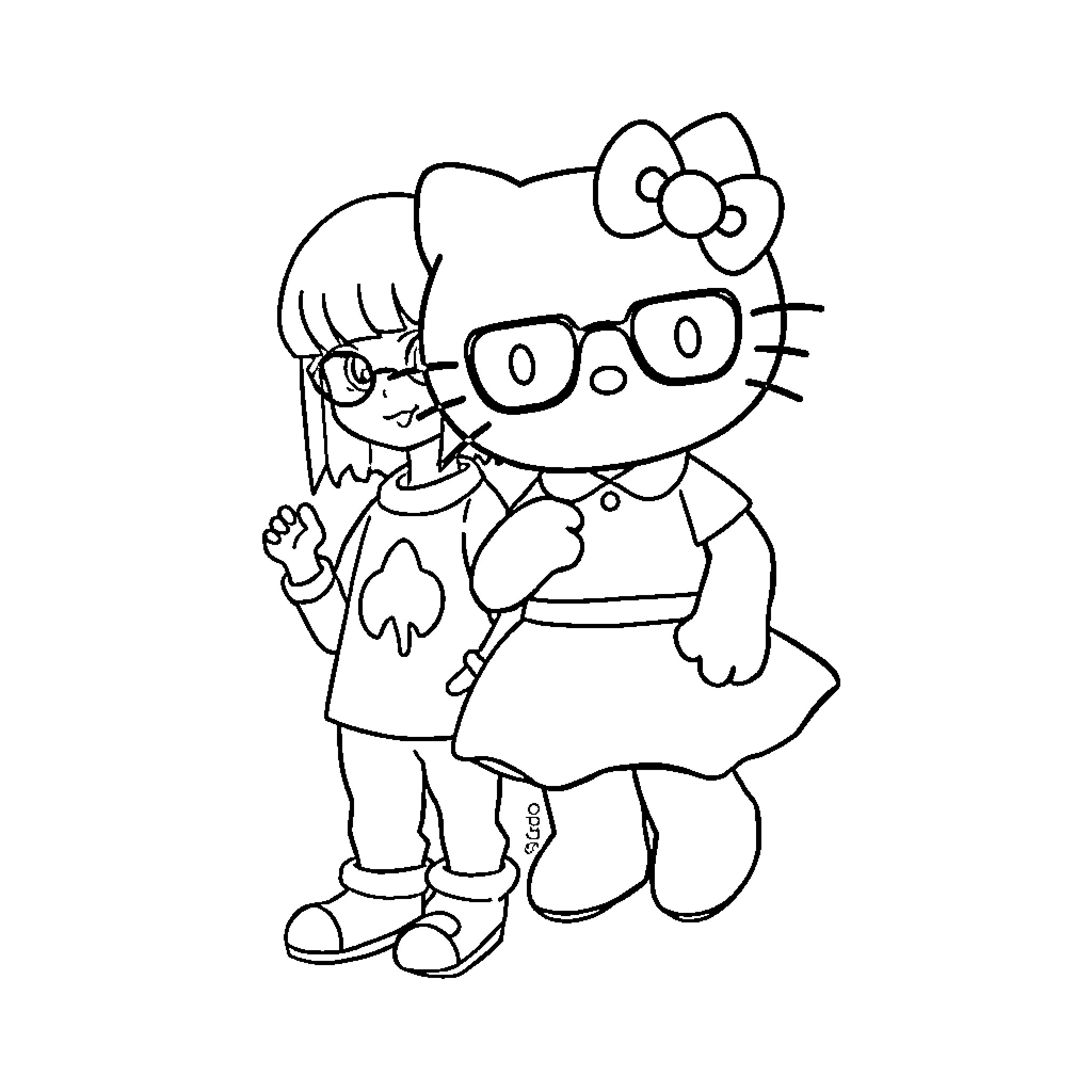 Hello Kitty in Casual Outfit Coloring Page (free black-and-white line drawing printable PDF for all, from beginners to advanced learners, including children, teens, adults, and seniors)