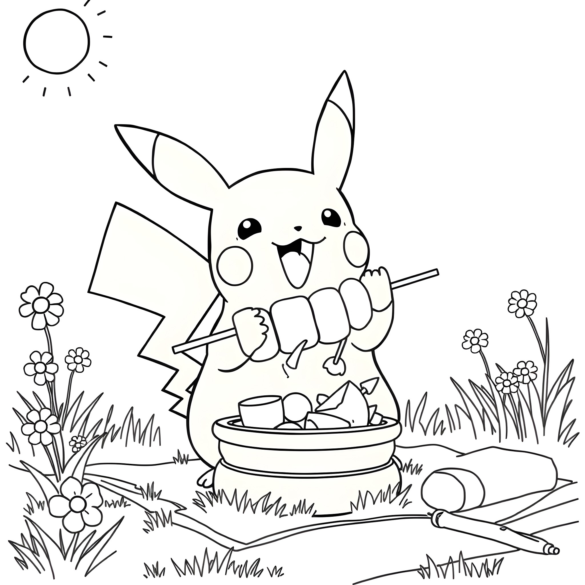 Pikachu enjoying a picnic in nature Coloring Page (free black-and-white line drawing printable PDF for all, from beginners to advanced learners, including children, teens, adults, and seniors)