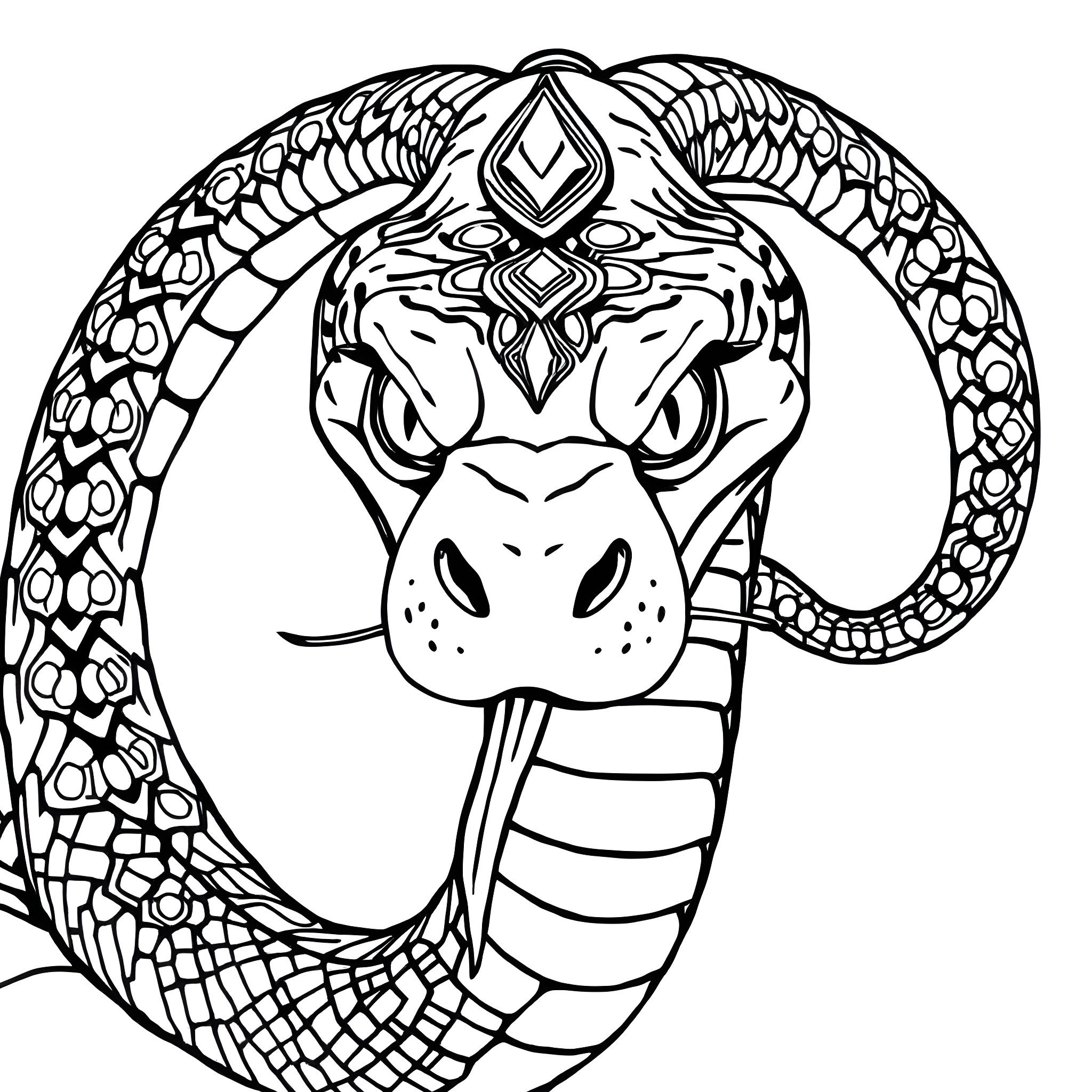 Kaa the Mighty Snake Coiled in Intricate Patterns Coloring Page (free black-and-white line drawing printable PDF for all, from beginners to advanced learners, including children, teens, adults, and seniors)
