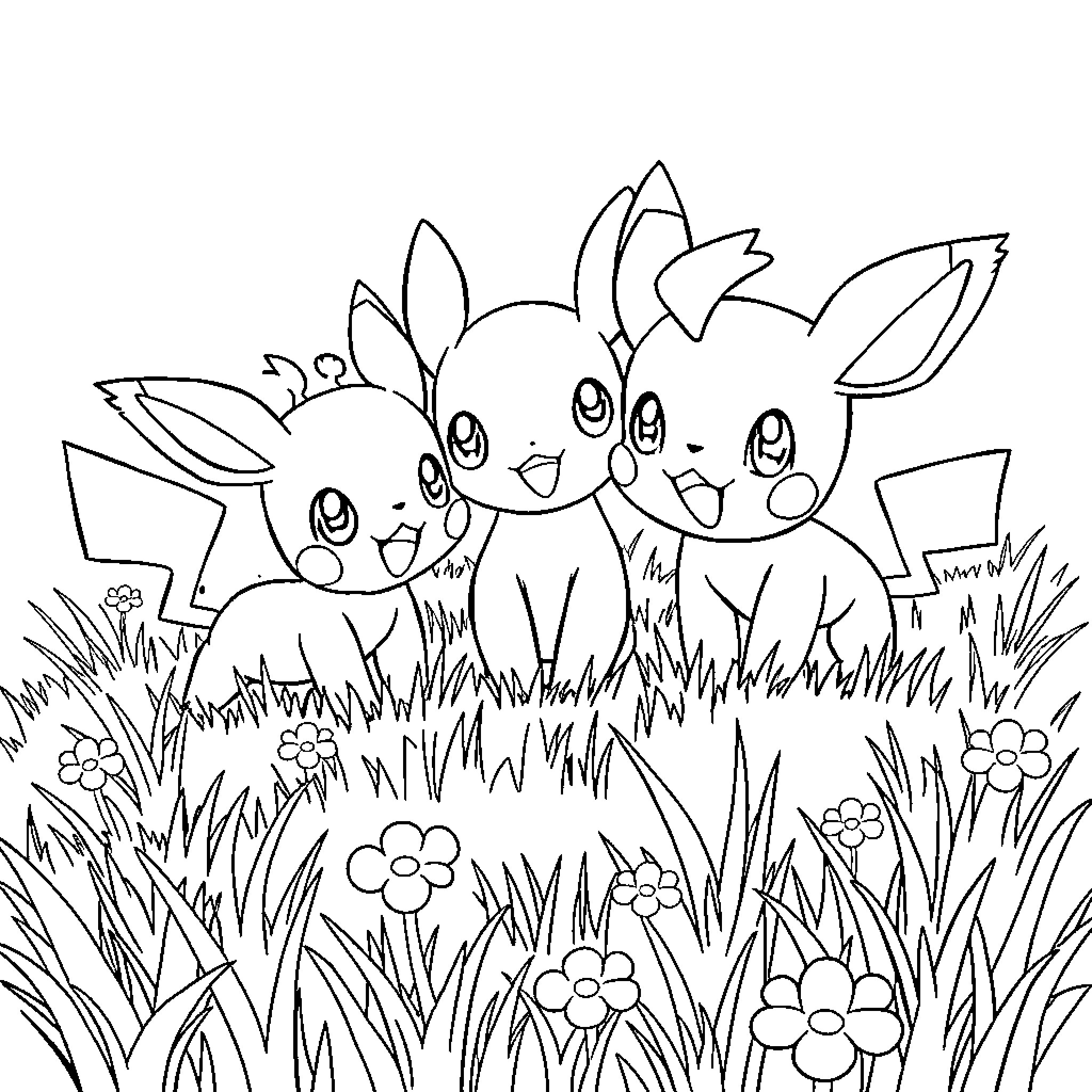 Pokémon characters playing in a floral field Coloring Page (free black-and-white line drawing printable PDF for all, from beginners to advanced learners, including children, teens, adults, and seniors)