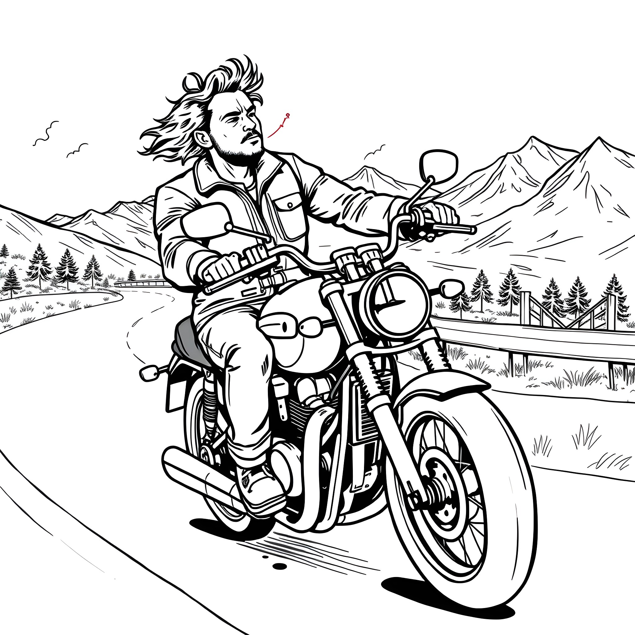 Man riding motorcycle through scenic mountain landscape Coloring Page (free black-and-white line drawing printable PDF for all, from beginners to advanced learners, including children, teens, adults, and seniors)