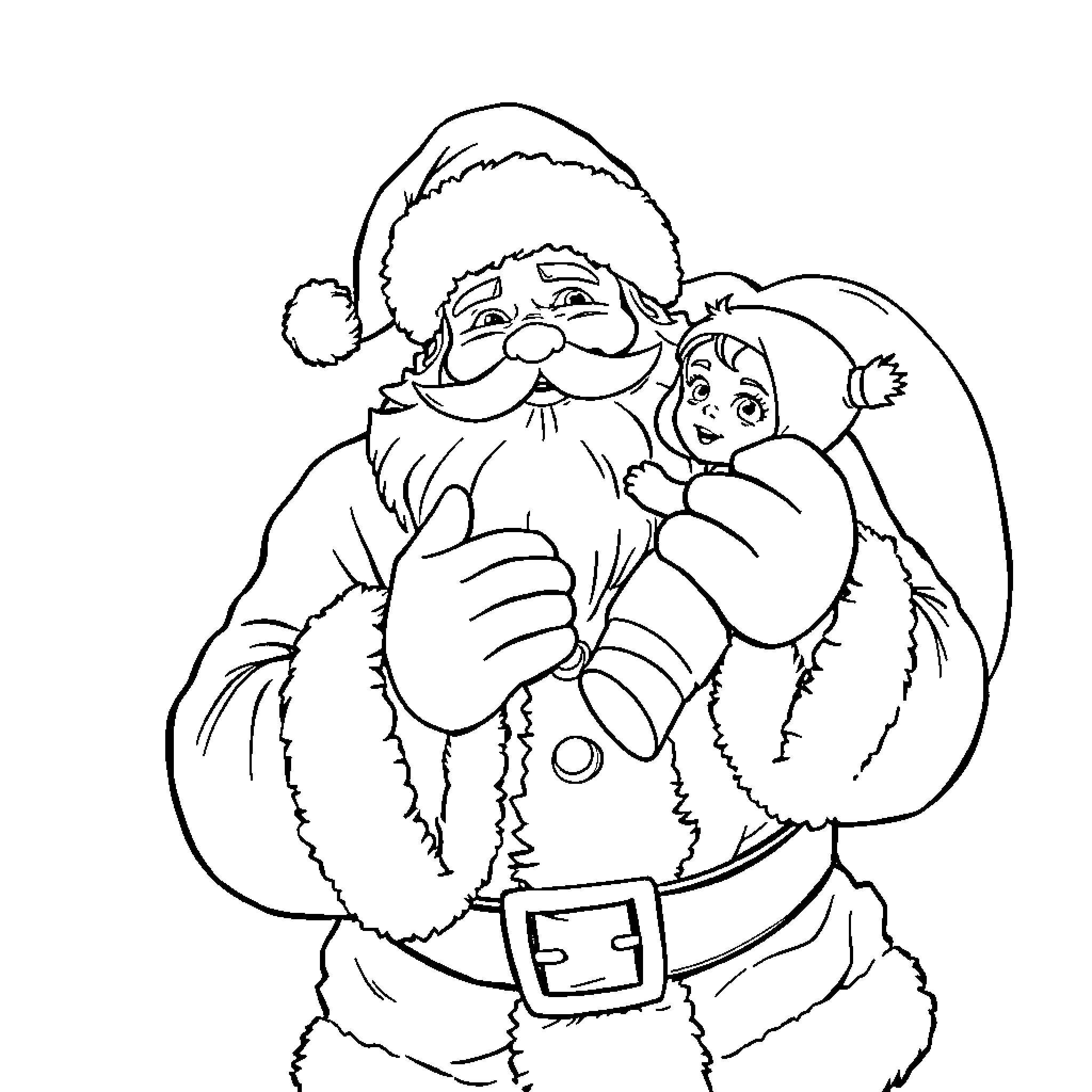 Santa Claus delivering a gift to a child Coloring Page (free black-and-white line drawing printable PDF for all, from beginners to advanced learners, including children, teens, adults, and seniors)