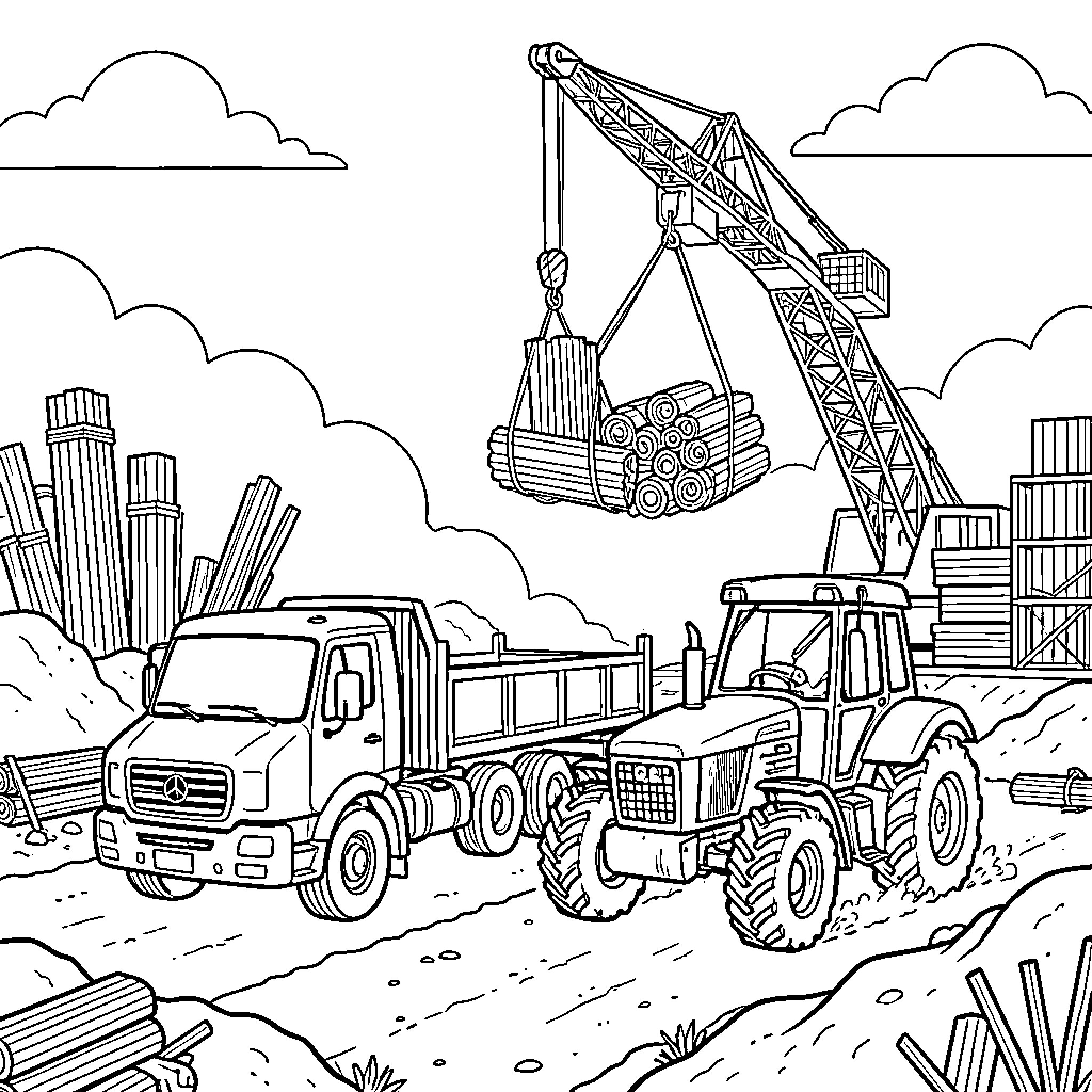 Truck and tractor transporting logs with a crane Coloring Page (free black-and-white line drawing printable PDF for all, from beginners to advanced learners, including children, teens, adults, and seniors)