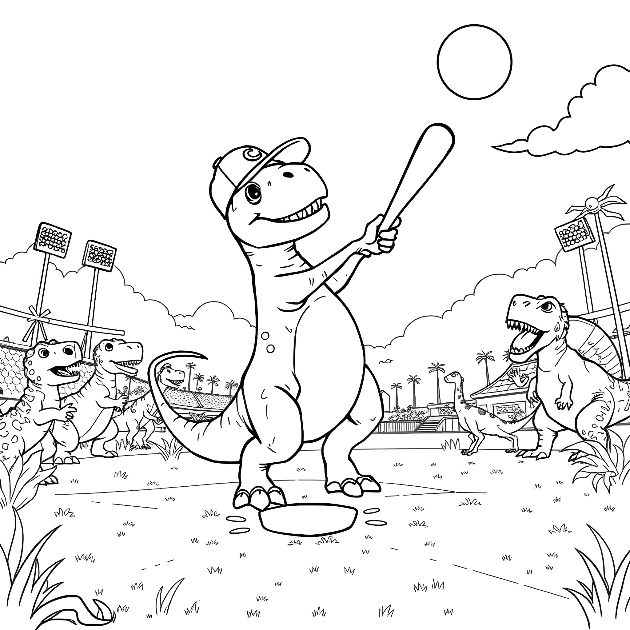Dinosaur baseball game in the park Coloring Page (free black-and-white line drawing printable PDF for all, from beginners to advanced learners, including children, teens, adults, and seniors)