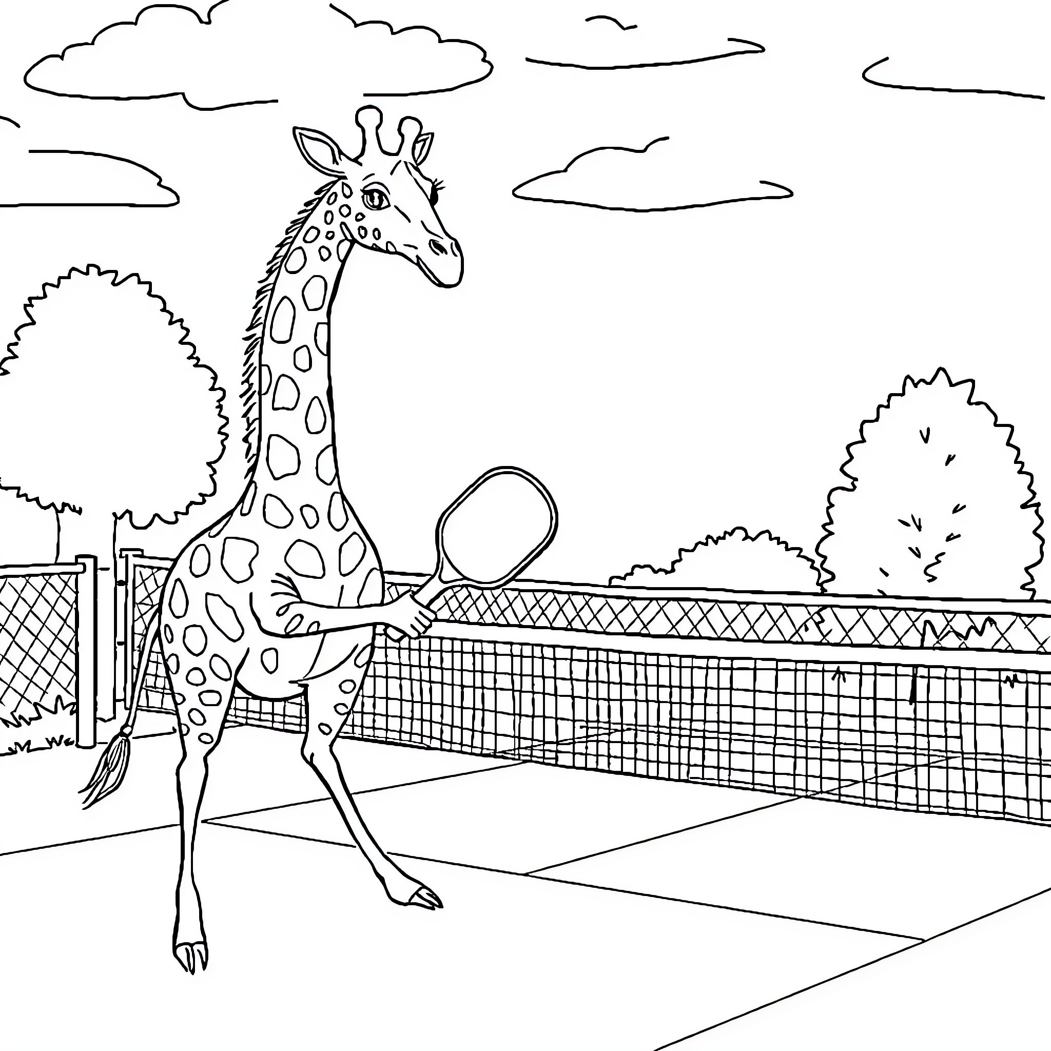 Giraffe playing tennis on court Coloring Page (free black-and-white line drawing printable PDF for all, from beginners to advanced learners, including children, teens, adults, and seniors)