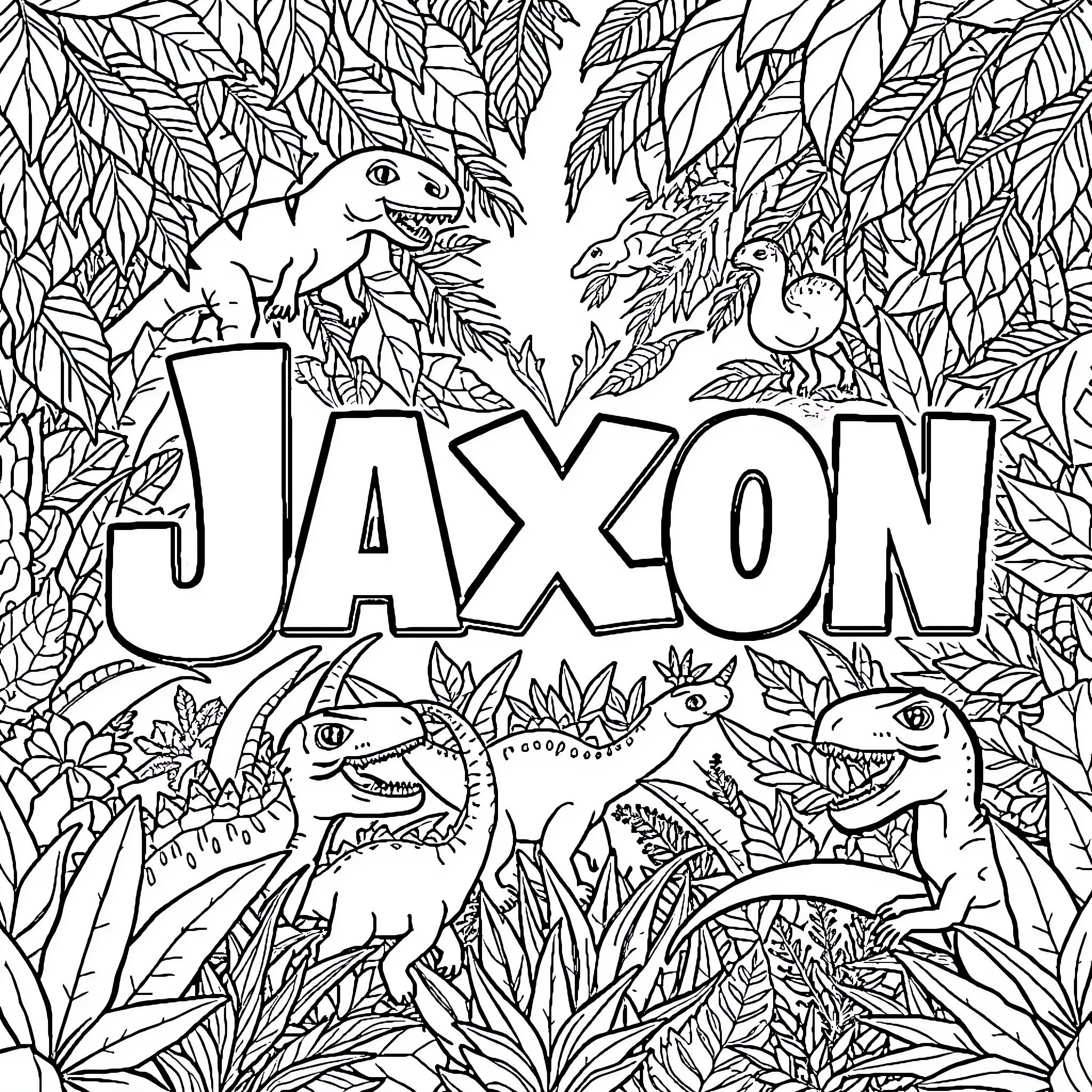 Jaxon's Prehistoric Jungle Adventure Coloring Page (free black-and-white line drawing printable PDF for all, from beginners to advanced learners, including children, teens, adults, and seniors)