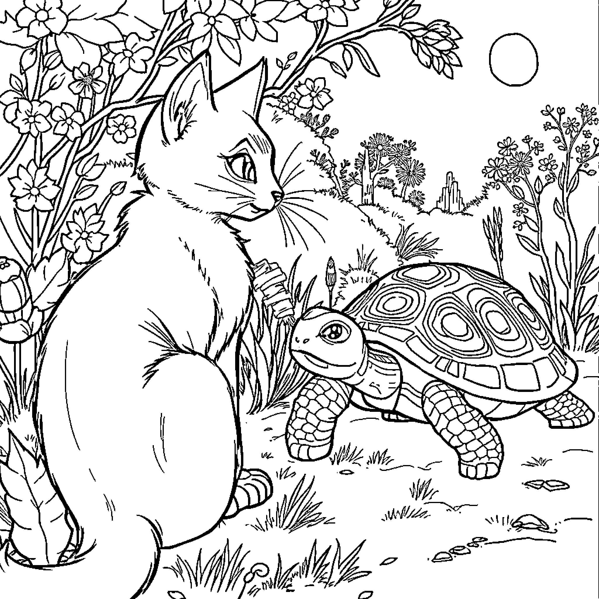 Zorro's Feline Adventure in the Floral Garden Coloring Page (free black-and-white line drawing printable PDF for all, from beginners to advanced learners, including children, teens, adults, and seniors)