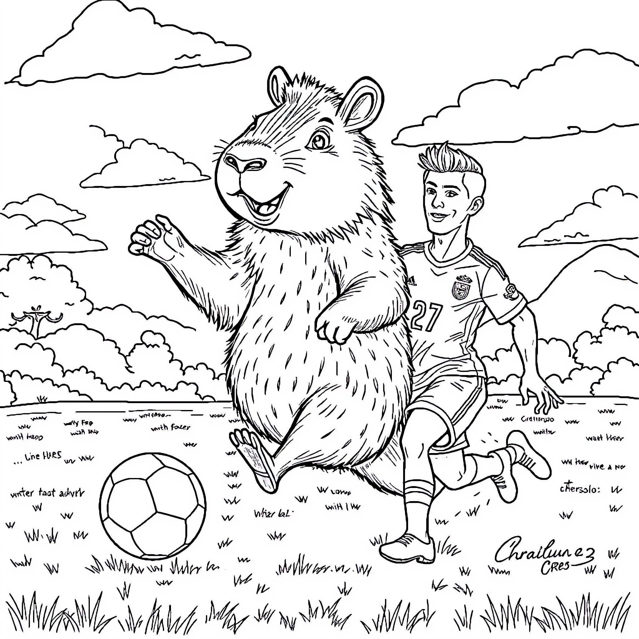 Capybara and the football player in the field Coloring Page (free black-and-white line drawing printable PDF for all, from beginners to advanced learners, including children, teens, adults, and seniors)