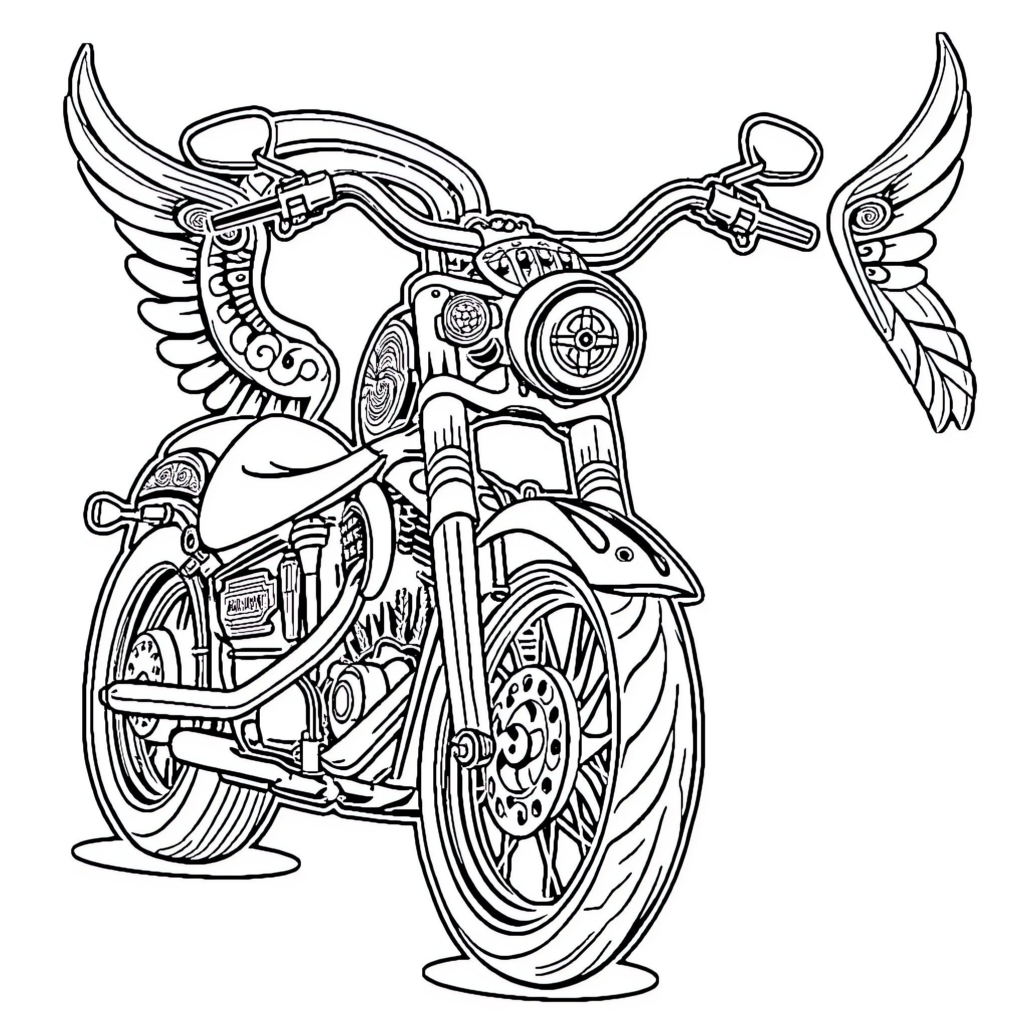 Harley Davidson winged motorcycle with intricate details Coloring Page (free black-and-white line drawing printable PDF for all, from beginners to advanced learners, including children, teens, adults, and seniors)