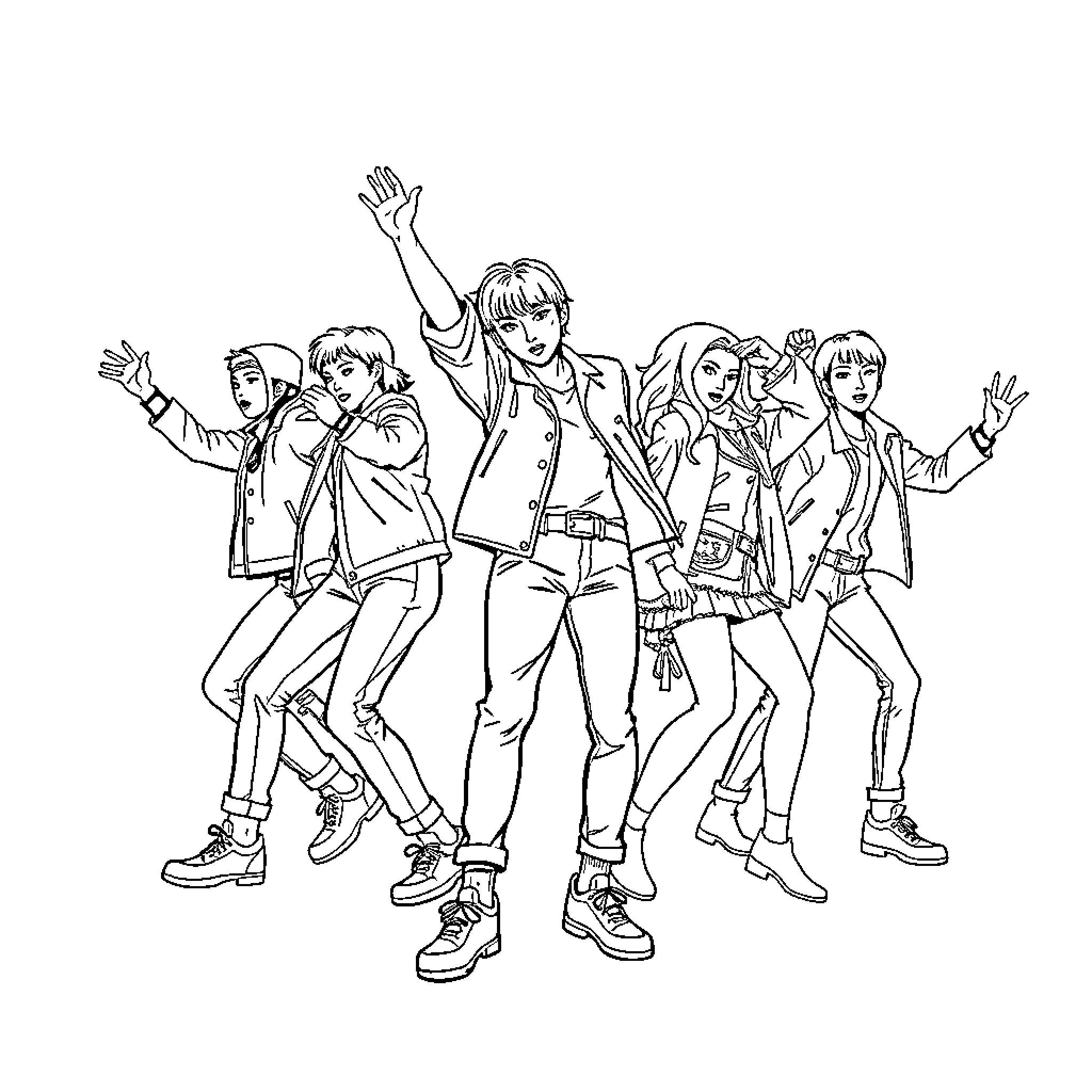 K Pop Group Performing Dynamic Dance Moves Coloring Page (free black-and-white line drawing printable PDF for all, from beginners to advanced learners, including children, teens, adults, and seniors)