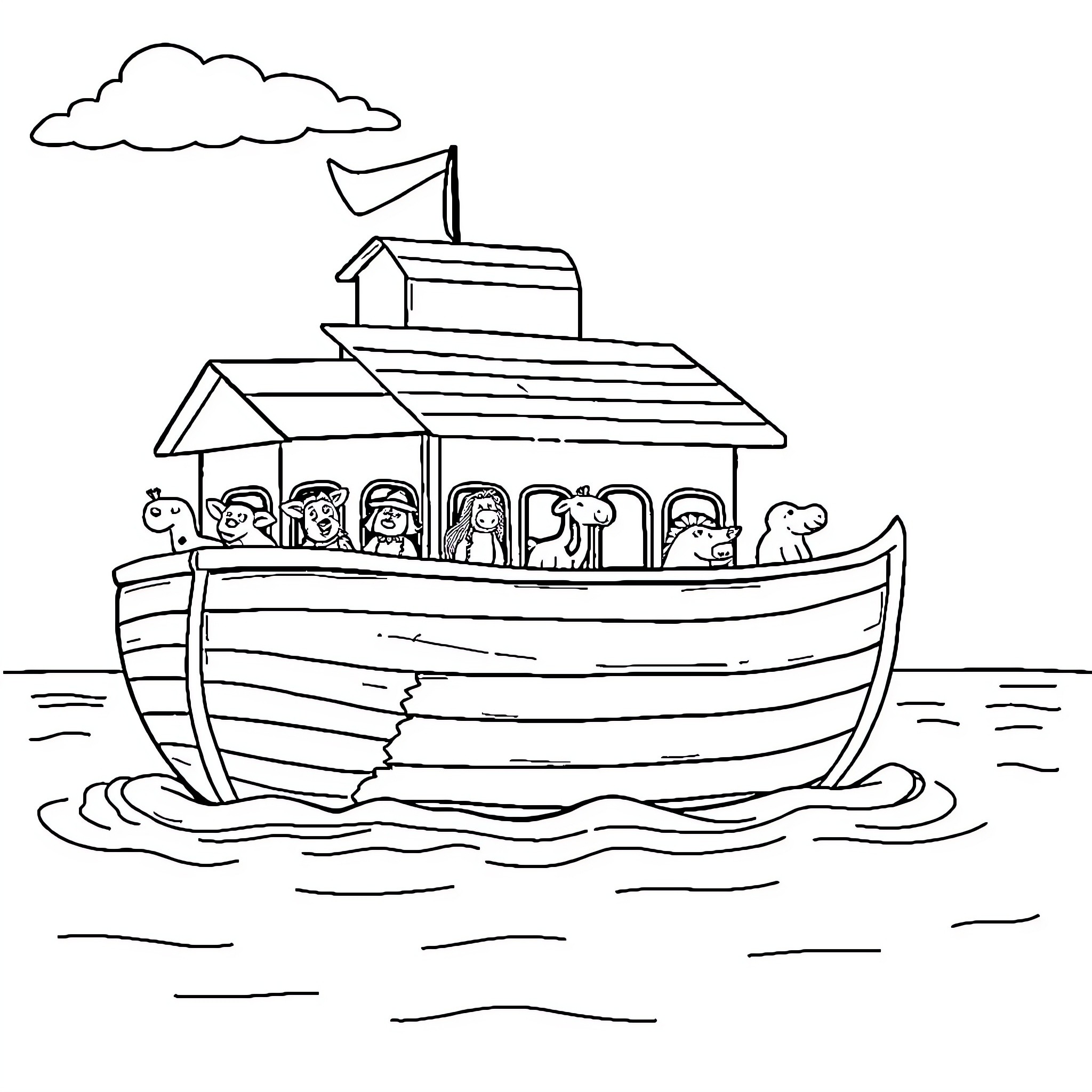 Noah's Ark Carrying Animals on the Stormy Seas Coloring Page (free black-and-white line drawing printable PDF for all, from beginners to advanced learners, including children, teens, adults, and seniors)