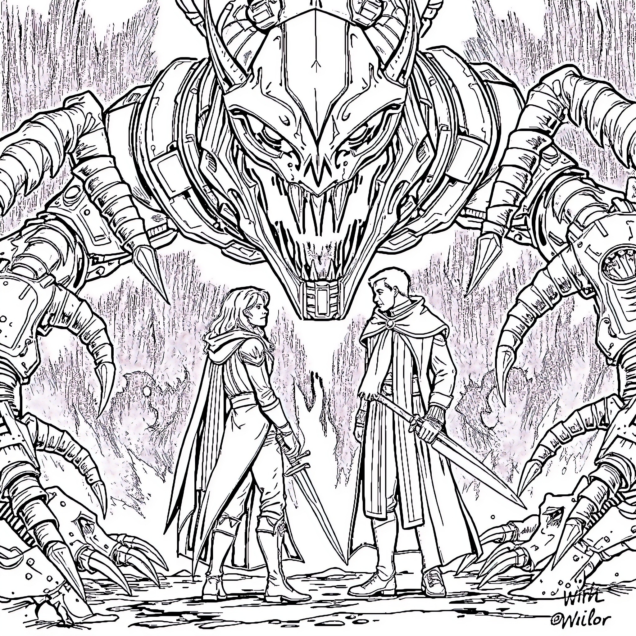 Vin's Perilous Journey through the Mechanical Maze Coloring Page (free black-and-white line drawing printable PDF for all, from beginners to advanced learners, including children, teens, adults, and seniors)