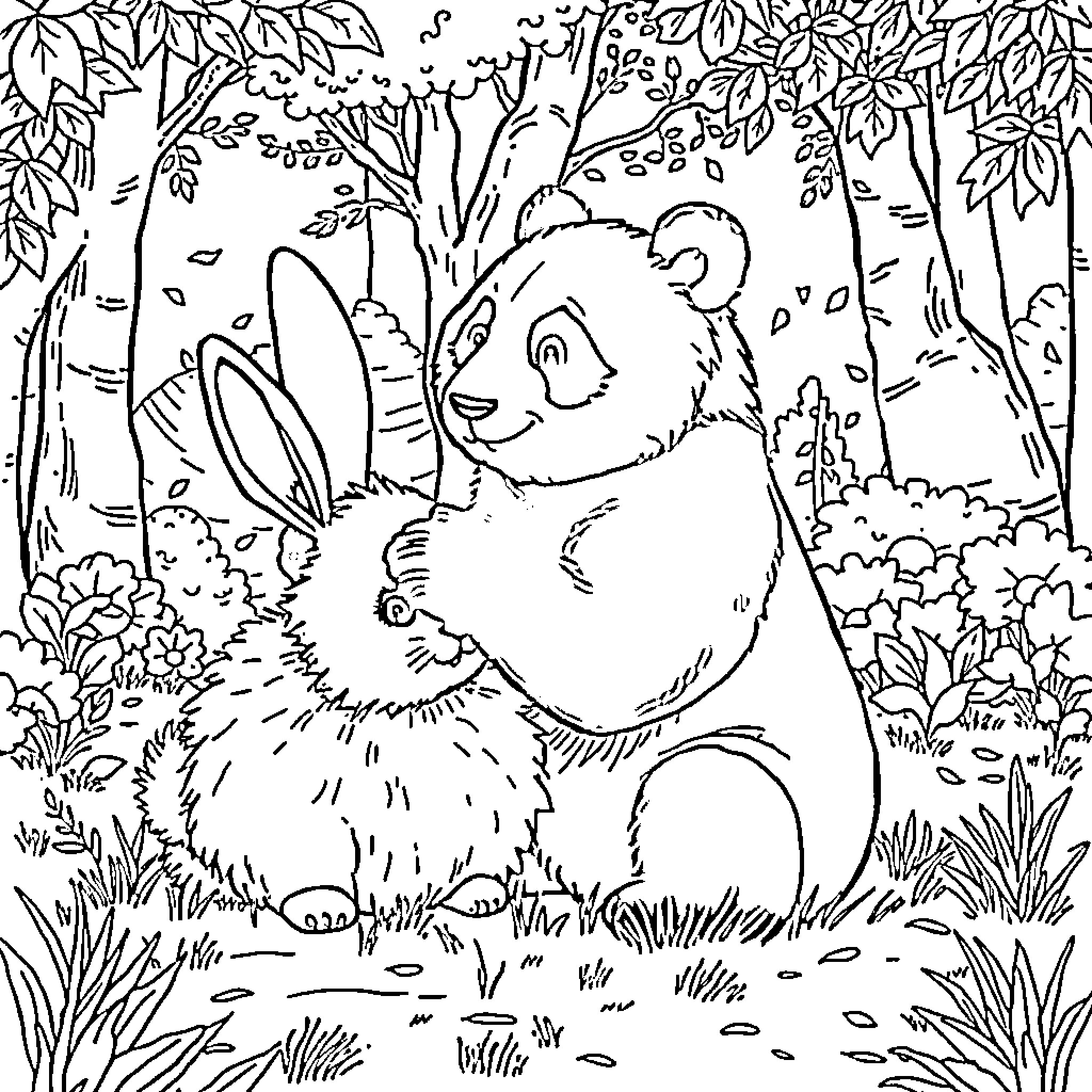 Rabbit and Panda in Magical Forest Landscape Coloring Page (free black-and-white line drawing printable PDF for all, from beginners to advanced learners, including children, teens, adults, and seniors)