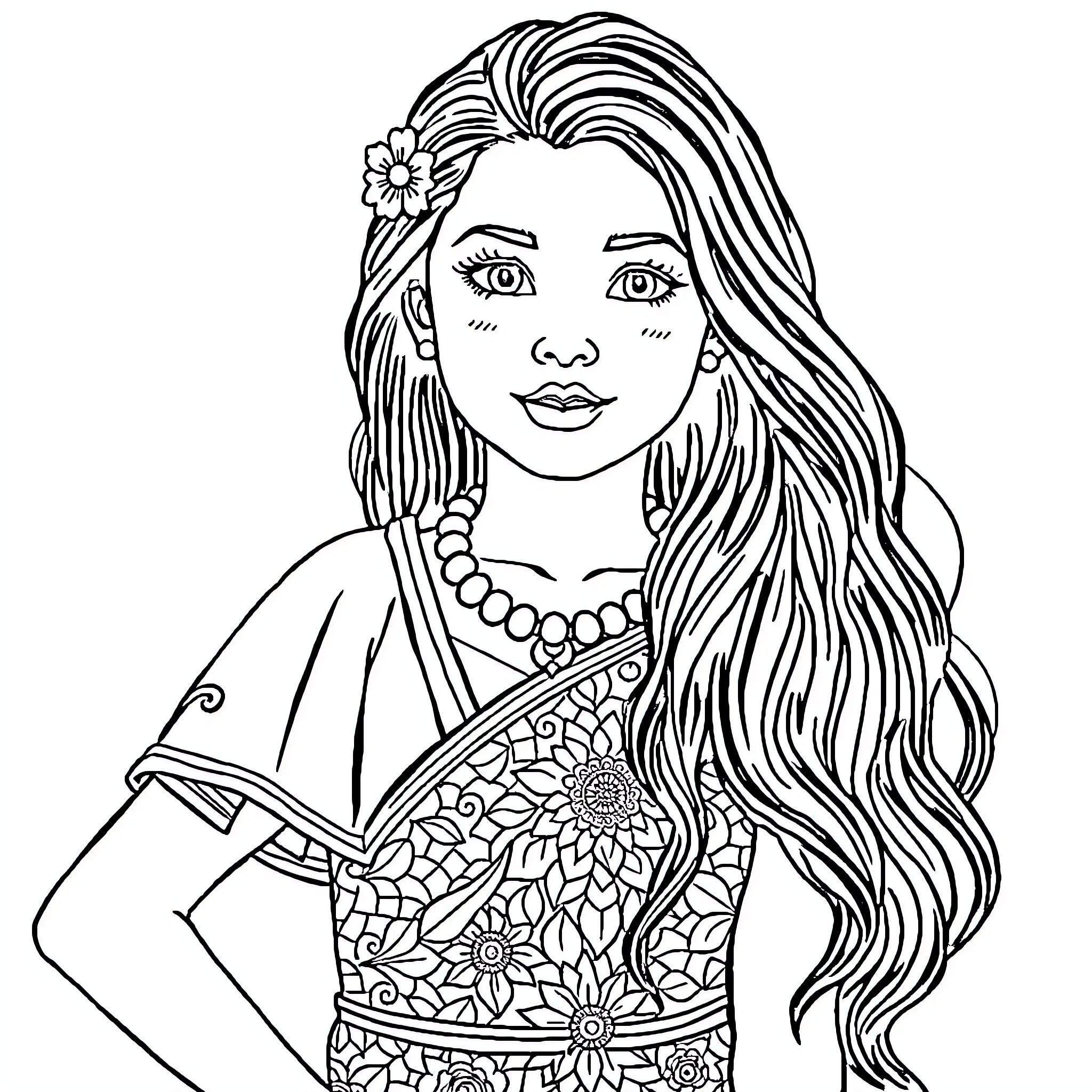 Polynesian Girl with Floral Headpiece and Intricate Dress Coloring Page (free black-and-white line drawing printable PDF for all, from beginners to advanced learners, including children, teens, adults, and seniors)