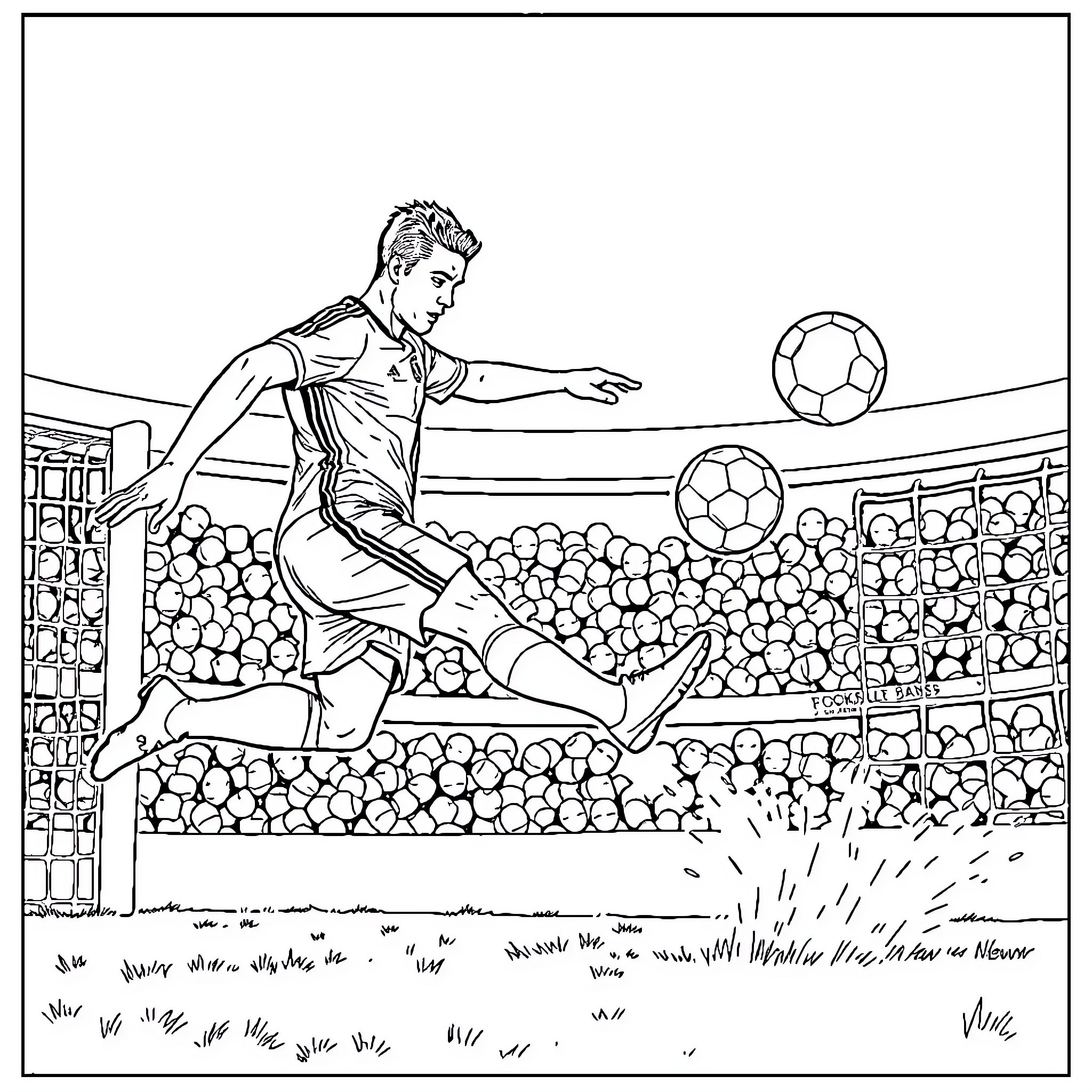 Ronaldo showcasing his soccer skills on the pitch Coloring Page (free black-and-white line drawing printable PDF for all, from beginners to advanced learners, including children, teens, adults, and seniors)