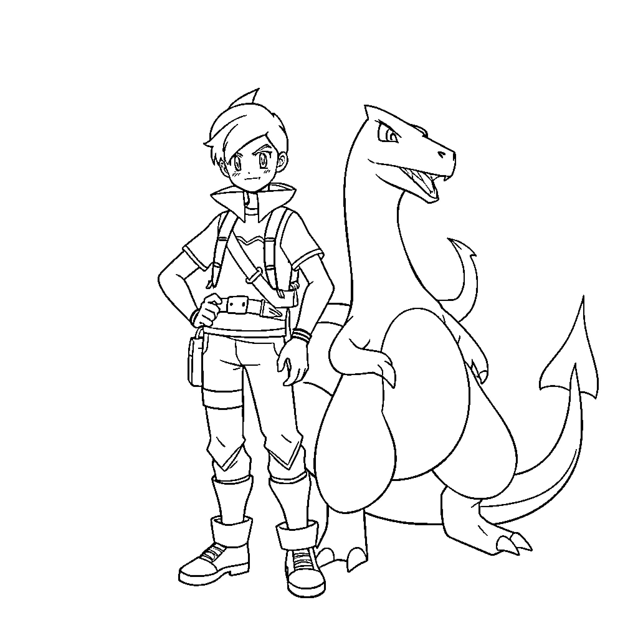 Leon and his friendly dragon companion Coloring Page (free black-and-white line drawing printable PDF for all, from beginners to advanced learners, including children, teens, adults, and seniors)