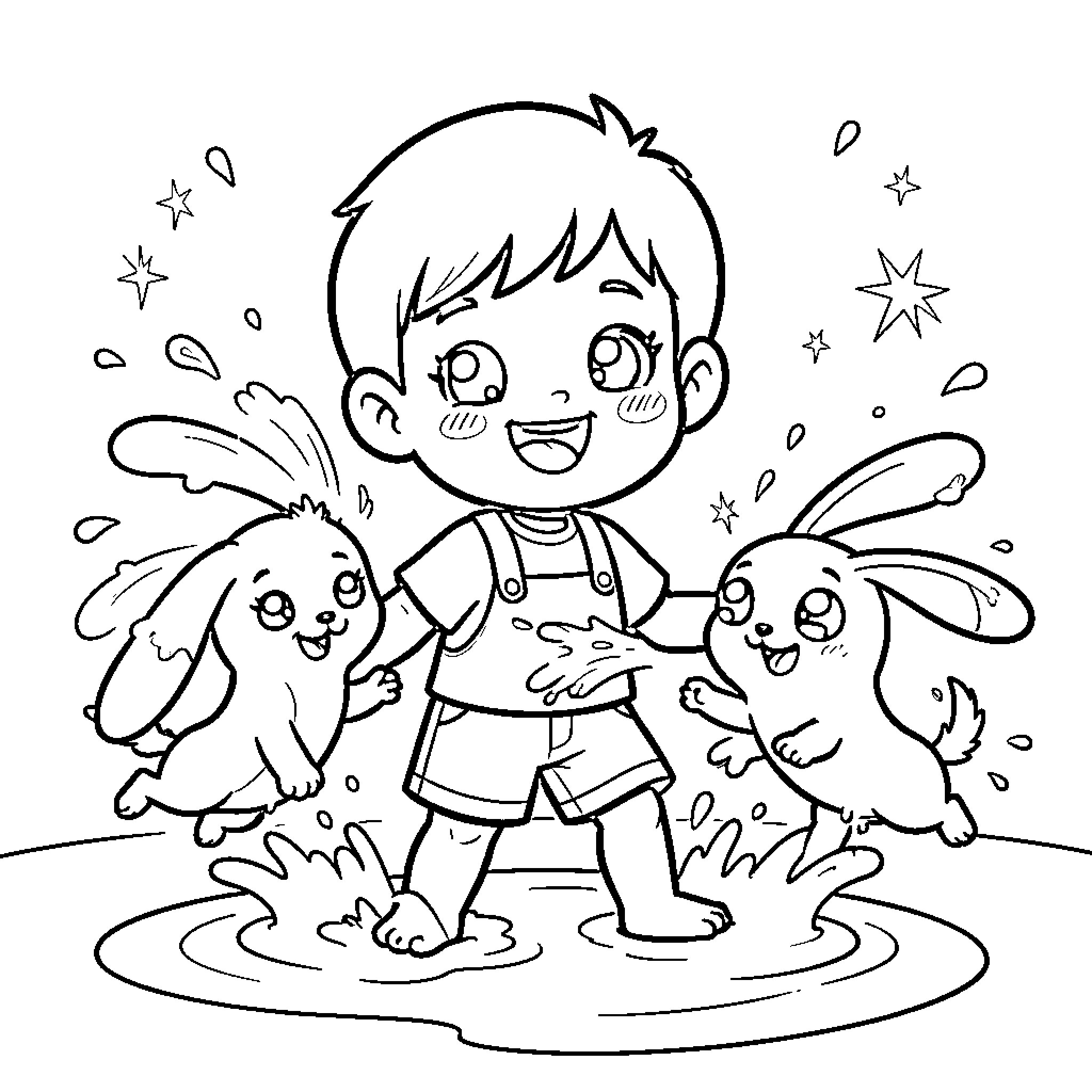 Niño playing happily with cute bunnies Coloring Page (free black-and-white line drawing printable PDF for all, from beginners to advanced learners, including children, teens, adults, and seniors)