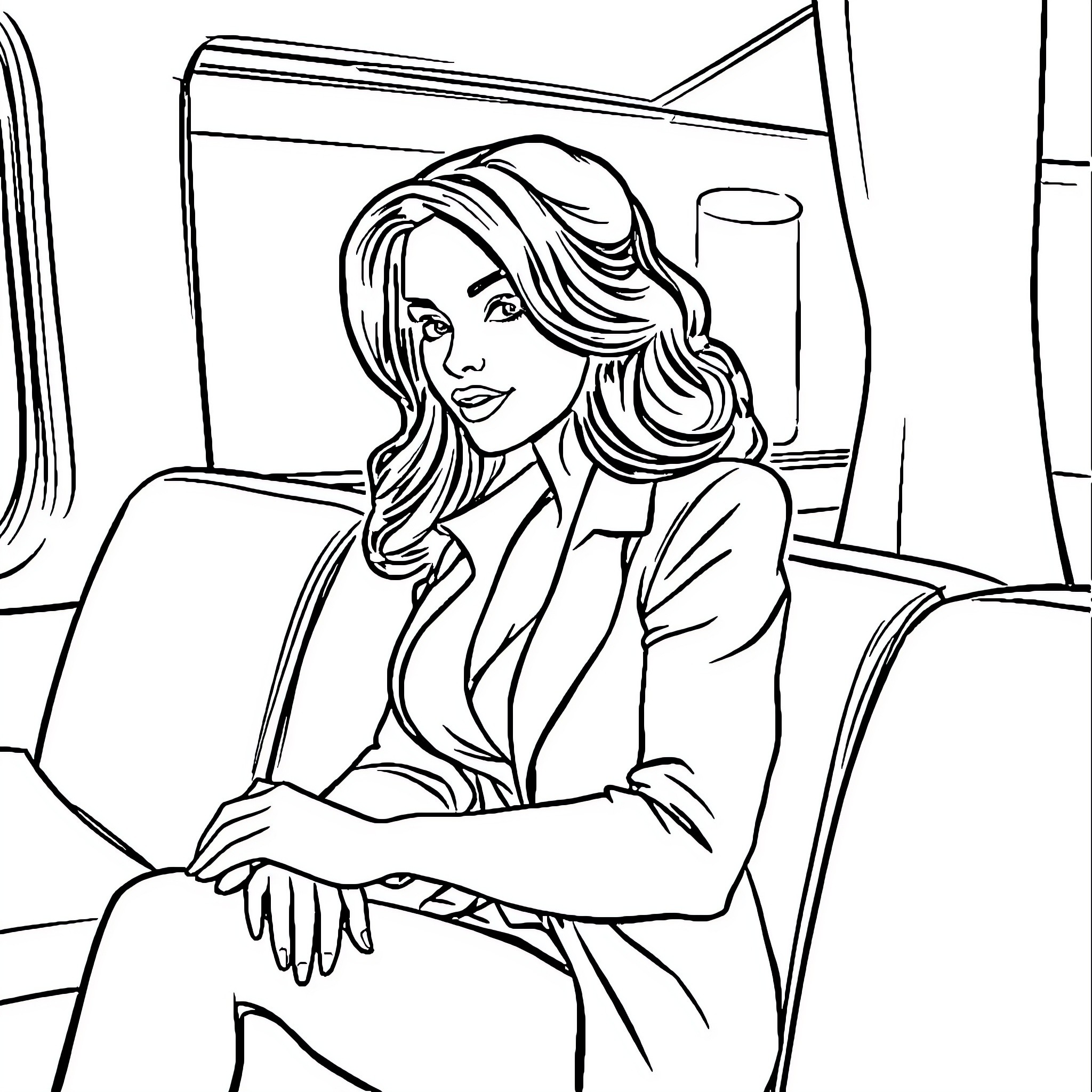 Woman in pensive pose on couch Coloring Page (free black-and-white line drawing printable PDF for all, from beginners to advanced learners, including children, teens, adults, and seniors)